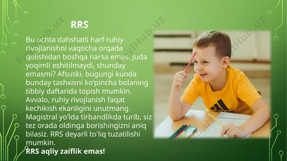 alliklar bilan tez – tez kasallanib turishi natijasida bola yaxshi o‘sib – unmay qolishi mumkin bolada surunkali infeksiyalar, allergik xolat, tug‘ma parok va shu kabi kasalliklar ayniqsa tez uchrab turadi www.themegallery.com rsr ning psixogen shakli 1. bola tarbiyasi bilan mutlaqo shug‘ullanmaslik, uni butunlay o‘z xoliga tashlab qo‘yish 2. bolani har tomonlama erkalatish,yetarli mustaqqil faoliyatga o‘rgatmaslik, tashabbuskorlik, ma’suliyat xissini shakllantirmaslik, bolani “oila erkasi” qilib o‘stirish 3. bolaga nisbatan qo‘pol munosabatda bo‘lish, jismoniy jazolash, qattiqqo‘llik qilish, ota – onalarning alkogolizmga aloqador tajavvuzkorona munosabatlari sabab bo‘ladi. www.themegallery.com ruxiy rivojlanishi suslashganlikning serebral shakli miya shikastlanishlarilari, miningit, miningoinsifalit, gidrotsefaliya va boshqa kasalliklar natijasi www.themegallery.com ruhiy rivojlanishi sustlashgan bolalarning nutq xususiyatlari ruhiy rivojlanishi sustlashgan bolalar nutqi normal bolalarga nisbatan rivojlanish, shakllanish nuqtayi - nazaridan birmuncha orqada qoladi. ularda turli talaffuz kamchiliklari uchrab turadi. tovushlar talaffuzining buzilishi, tovush obrazlarining yetarli shakllanmaganligi yozish va o‘qishda xatolarga yo‘l qo‘yishga olib keladi. ruhiy rivojlanishi sustlashgan bolalar lug‘at boyligi birmuncha cheklangan …