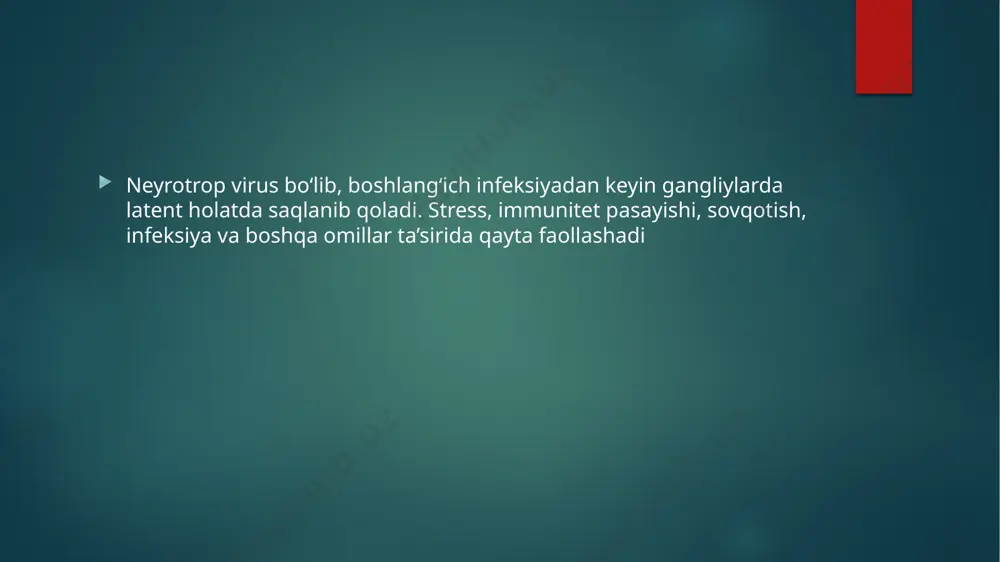 nda: mikrotsefaliya kichik tana vazni sensor neyral eshitish nuqsonlari ko‘rlik (xorioretinit) gidro/ mikrotsifaliya gepatosplenomegaliya, sariqlik anemiya, trombotsitopeniya neyro-rivojlanishning orqada qolishi 👉 bu holat homiladorlikda birlamchi cmv infeksiyasi bo‘lsa xavfliroq. 3. immuniteti pasayganlarda (oits, transplantatsiya olganlar) pneumoniya retinit → ko‘rlikka olib kelishi mumkin ezofagit, enterit, gepatit ensefalit qon tizimi zararlanishi diagnostika 1. klinik belgilar va epidemiologik anamnez. 2. laborator tekshiruvlar: serologiya: igm – faol infeksiyani ko‘rsatadi igg – o‘tkazilgan yoki surunkali infeksiyani bildiradi. igg avidlik testi – infeksiya qachon tushganini aniqlashga yordam beradi. virus dnk ni aniqlash: pcr (qon, siydik, so‘lak, likvor). sitologiya: “bayroq ko‘zi” inkluziyalari (xos belgisi). madaniy usul – virusni hujayra madaniyatida ko‘paytirish (kam qo‘llanadi). davolash sog‘lom immunitetli bemorlar uchun maxsus davolash talab etilmaydi, simptomatik yordam yetarli. og‘ir shakllarda, immuniteti pasayganlarda: gansiklovir (asosiy preparat, iv yuboriladi) valgansiklovir (og‘iz orqali, transplantatsiyada profilaktika sifatida ham ishlatiladi) foskarnet, cidofovir (rezistent holatlarda) spesifik immunoglobulinlar (cmv-ga qarshi) simptomatik davo: antipiretiklar, infuzion terapiya, qon komponentlari. …