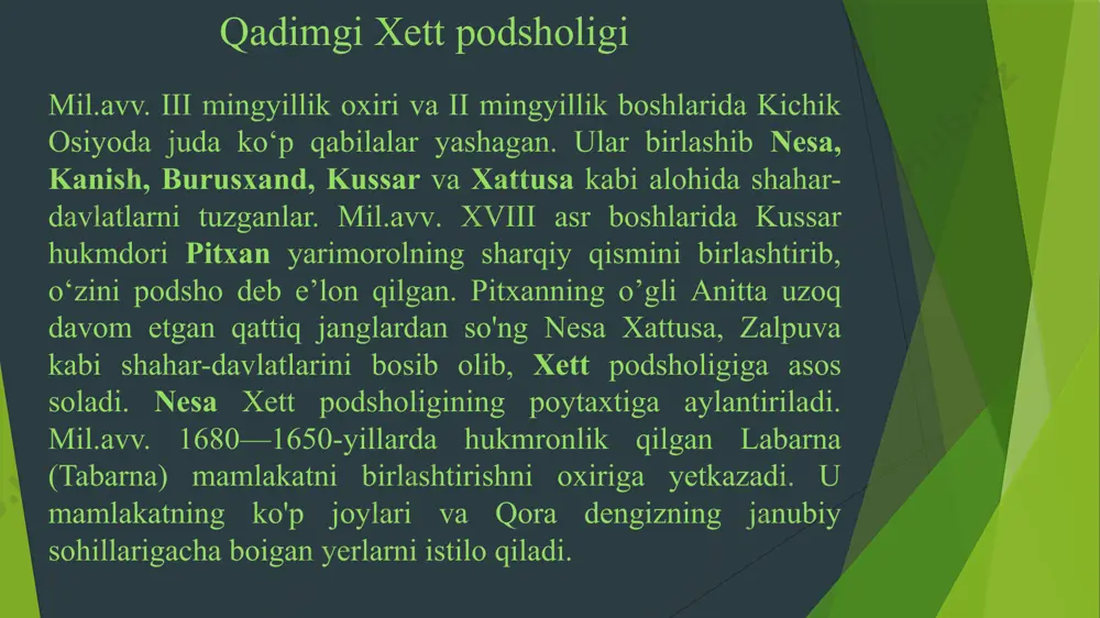 n. qurolsozlikning rivojlanishi va mudofaa-inshootlarining mustahkamlanishi o'sha davrdagi hayotning qizg‘in ekanligini ko`rsatadi. xett qo'shini ot qo'shilgan tezkor jang aravalari bilan ta’minlanadi. jang aravalarining har birida havdovchi, kamonboz va qalqonbardorlardan iborat uch jangchi bo`lar edi. xettlar urushda jang aravalaridan foydalanishni giksoslar yoki mitanniliklardan o'rgangan botsalar kerak. urush vaqtida jangovar aravali qismlar shiddat va tezkorlik bilan hujumga o'tgan va dushman saflarini sarosimaga solgan. mursili ii podsholigining oxirlarida old osiyodagi siyosiy ahvol o'zgaradi. seti i va ramzes ii (m.av. 1290-1224) fir’avnlik qilgan davrda mil.avv. 1337—1224-yillarda misr podsholigi kuchayadi. misr fir’avnlari 0‘rtayer dengizining sharqiy sohilidagi mamlakatlarni qaytadan qoiga kiritish uchun xettlar bilan qattiq kurash olib boradilar. bu urush m. av. 1280-yili misr-xett sulhi bilan yakunlanadi. sulhga binoan suriyaning katta qismi va shimoliy finikiya xettlar, falastin va janubiy finikiya esa misrliklar ixtiyoriga o‘tadi. shu davrda ossur podsholari mitannini olib, xettlarga tahdid soladi. xett qo'shinlari ularning hujumlarini arang qaytaradilar. xettlar g'arbda troyani istilo qilib, lidiya shohligining …