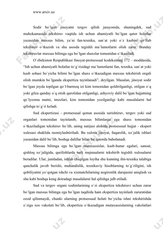 qanchalik javob berishi, muhandislik, texnikaviy hisoblarning to`g`riligini, ish qobiliyatini yo`qotgan ishchi va xizmatchilarning nogironlik darajasini aniqlash va shu kabi boshqa keng doiradagi masalalarni hal qilishga jalb etiladi. sud va tergov organi xodimlarining o`zi ekspertiza tekshiruvi uchun zarur bo`lgan maxsus bilimga ega bo`lgan taqdirda ham ekspertiza tayinlash zaruratidan ozod qilinmaydi, chunki ularning protsessual holati bo`yicha ishni tekshirishda o`ziga xos vakolati bo`lib, ekspertiza o`tkazadigan mutaxassislarning vakolatlari ham protsessual holatidan kelib chiqadi. bu tartib ekspertiza xulosasi xolisona bo`lishining kafolatlaridan biridir. ekspert - ma`lum sohada ilm, fan, texnika, san`at yoki hunarda bilimi bo`lgan va protsessual huquqiy vakolatga ega shaxs hisoblanadi, uning huquq va majburiyatlari jpk 68-moddasida belgilangandir. ekspert xodimlarining faoliyati davlat ekspertiza muassasalarida yoki boshqa tashkilotlarda namoyon bo`lishi mumkin. ular qayerda ishlashlaridan qat`i nazar, ish yuzasidan ekspert sifatida tayinlash protsessual qonunda ko`rsatilgan tartib asosida amalga oshiriladi, ular teng huquq va majburiyatlarga egadir. ekspertiza tekshiruvini o`tkazish jarayonida ekspert mustaqil protsessual shaxs sifatida ekspertizaga oid bo`lgan …