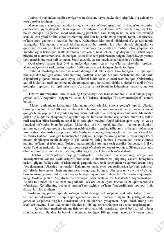 , idishlarda tarnovsimon yoki trubasimon jo’mraklar paydo bo’ladi. idishlar bir yarusli xumdonlarda pishirilgan. lekin idishlar qo’pol, mo’rt bo’lgan. to’qimachilik, hunarmanchilikning vujudga kelishi ham neolit davrining buyuk kashfiyoti hisoblanadi. neolit davri odamlari hayvon yungi va o’simlik tolasidan mato to’qishni o’rganganlar. shuningdek, yigirilgan ipdan baliq to’ri ham to’qilgan. bu esa baliq ovlash ahamiyatini keskin ravishda oshirib yuborgan. bunga suvda suzuvchi qayiqlar yaratilishi ham imkon berdi. neolit davri yutuqlaridan yana biri bu juft oilaning vujudga kelishi bo’lib, u urug’ ichida oilaviy munosabatlarning izga tushishi olib keldi va jamiyat taraqqiyotini yanada olg’a siljitdi. o’rta osiyoning janubiy—g’arbiy hududida ilk dehqonchilik va chorvachilik bilan shug’ullangan qabilalar yodgorligi bugungi kunda jaytun madaniyati deb tarixda qolgan. jaytun madaniyati izlari faqat turkmanistonning janubiy—g’arbiy hududlarida uchraydi. olimlar uni miloddan avvalgi vi ming yilliklar oxiri v ming yilliklar boshlari deb hisoblaydilar. xuddi shu davrda o’rta osiyoning shimoliy va markaziy hududlarida ovchilik, baliqchilik va termachilik bilan shug’ullangan neolit davri jamoalari istiqomat qilganlar. …