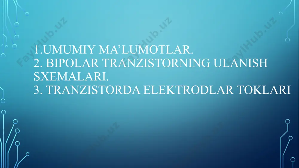 tsiyasi taqsimoti bir jinsli emas (notekis) bo’lib, u kollektorga siljigan sari kamayib boradi. bunday btlar dreyfli tranzistorlar deb ataladi. kiritmalar konsentratsiyasi gradienti ichki elektr maydon hosil bo’lishiga olib keladi va eznlar bazadan kollektorga dreyf va diffuziya jarayonlari hisobiga ko’chadilar. demak, dreyfli btlarning tezkorligi yuqori bo’ladi. btlar asosan chastotalarning keng diapazonida (0†10 ggs) va quvvat bo’yicha (0,01†100 vt) elektr signallarni o’zgartuvchi, generator va kuchaytirgich sxemalarni hosil qilish uchun ishlatiladi. btlar chastota bo’yicha: past chastotali - 3 mgs gacha; o’rta chastotali 0,3 † 30 mgs; yuqori chastotali 30 † 300 mgs; o’ta yuqori chastotali - 300 mgs dan yuqori guruhlarga bo’linadi. quvvat bo’yicha - kam quvvatli – 0,3 vt gacha; o’rta quvvatli -0,3 † 1,5 vt; katta quvvatli – 1,5 vt dan yuqori guruhlarga ajratiladi.nanosekund diapazonida katta quvvatli impulslarni hosil qilishga mo’ljallangan ko’chkili tranzistorlar btlarning yana bir turini tashkil etadi. tuzilishi bo’yicha btlar ko’p emitterli (ket), ko’p kollektorli (kkt) va tarkibiy (darlington …