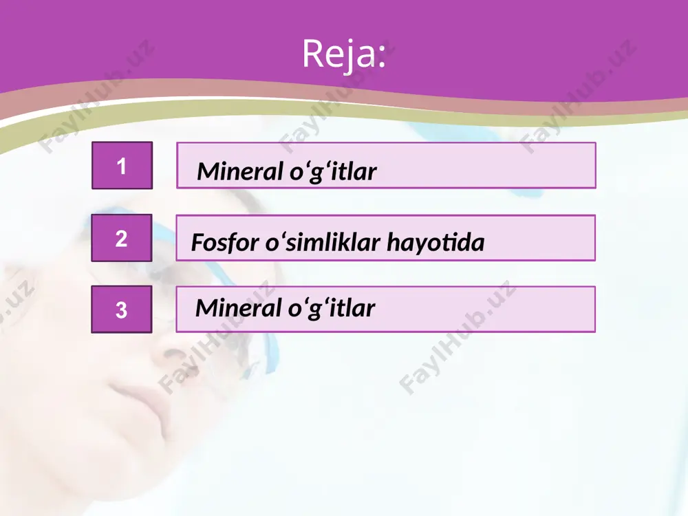 azot, fosfor va kaliyning o‘zlashtirilishini tezlashtiradi. mis, rux va marganeslar o‘simlikda sodir bo‘ladigan oksidlanishqaytarilish jarayonlarini tezlashtiradi. mis, rux va marganeslar o‘simlikda sodir bo‘ladigan oksidlanish qaytarilish jarayonlarini tezlashtiradi. agar o‘simlikka keragidan ortiqcha o‘g‘it berilsa, uning ortiqcha miqdori o‘simlik organizmida to‘planib qoladi. bunday o‘simliklardan olingan mahsulotlar iste’mol uchun umuman yaroqsiz hisoblanadi. image2.jpg image3.jpeg image4.jpeg image5.jpeg image6.jpeg image7.png image8.jpeg image9.jpeg image10.jpeg image11.jpeg image12.jpeg image13.jpeg image14.jpeg image15.png image16.jpeg image17.jpeg image18.emf image19.jpeg image20.jpeg image21.jpeg image22.jpeg image23.jpeg image24.jpeg image25.jpeg image26.jpeg image27.jpeg image28.jpeg image1.jpg