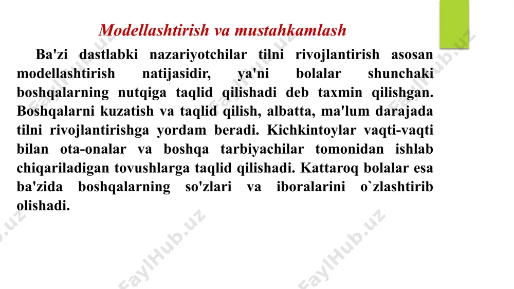 dqiqotchilar bolalarga so'z ma'nolarini o'rganishda yordam berish uchun o'qituvchilar, ota-onalar va boshqa tarbiyachilar foydalanishi mumkin bo'lgan bir nechta strategiyani aniqladilar: • kichkintoylar va maktabgacha yoshdagi bolalar bilan muntazam ravishda suhbatlashib turing. hatto yosh bolalar gaplashmasa ham ona tilini eshitishdan ko'p narsalarni o'rganadio'qituvchilar bolalarga oddiy gaplarini batafsil bayon qilishlariga imkon berishlari, vaqti-vaqti bilan bolalarning suhbatda yetakchilik qilishiga imkon berishlari kerak. o'zgarishlar bering. bolalar maktab yoshiga kirganda so'zlarning lug`aviy ma`nolarini teran anglay boshlaydilar. lug`at ustida ishlash, notanish so`zlarni lug`atga kiritish kabi mashqlar yaxshi samara beradi. • misollar keltiring. bir nechta misollarni ko'rsatganda bolalar ko'pincha so'zni aniqroq tushunishadi. bunday misollar bir-biridan imkon qadar farq qilishi kerak, shunda ular so'zning butun doirasini aks ettiradi. bolalar so'zlarni noto'g'ri ishlatganda fikr bildiring. so'z ma'nolari haqidagi noto'g'ri tushunchalar bolalar nutqida va yozuvida yaqqol namoyon bo`ladi. zukko o'qituvchilar nafaqat bolalarning so'zlarini, balki ularni qanday talaffuz qilayotganliklarini ham diqqat bilan tinglaydilar, shuningdek, bolalar o'z yozuvlarida so'zlardan qanday foydalanayotganliklariga e'tibor …