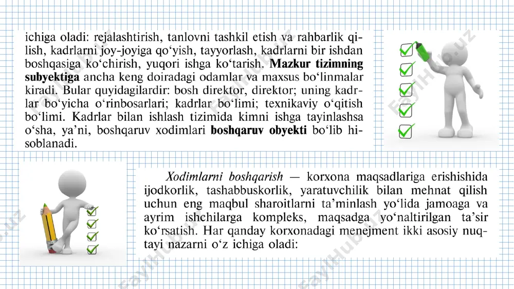 adqiqotni nimadan boshlash kerak, umuman nima qilish kerak? this is a sample text miyangizni ishlatib topingchi, bu 3 nafar odamning qay biri rahbar, qay biri menejer va qay biri lider bo’lishi mumkin? muammoni xal etish uchun quyidagi takliflarni beramiz! videoma’lumotlarda keltirilgan loyihalar va fikrlar hamda mustaqil o’rganish uchun taqdim etilgan qoshimcha ma’lumotlarni mustaqil o’rganib chiqing! nazorat jarayoni ob’yekt this is a sample text this is a sample text this is a sample text this is a sample text nazorat bu 3 bosqichli haqiqiy ish faoliyatini o'lchash, rejalashtirilgan va amaldagi natijalarni solishtirish va nomuvofiq andazalarni ma'muriy harakatlar orqali bartaraf etishni o'z ichiga oluvchi jarayondir. axborot me’yoriy-huquqiy hujjatlar aloqa va logistika nufuz manba: tasvirlar muallif tomonidan shakllantirildi 07.12.2018 qat’iy intizom jamoadagi mavqe ishonchga kirish yechimlarning mavjudligi puktuallik hamkorlik qaror qabul qila olish o’zaro munosabat huquqiy bilim foydani ko’zlash yangiliklardan boxabarlik vaqttan unumli foydalanish manba: tasvirlar muallif tomonidan shakllantirildi opportunity qaror qabul qilishning …