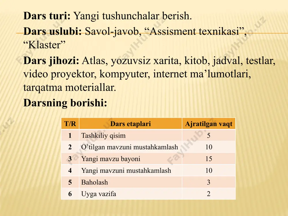 tahkil etishning iqtisodiy samaradorlikka qaratilgan muhim shakliga ………… deyiladi . amaliy topshiriq: o’zbekiston o’zidan g’arbiy qismida joylahgan qaysi davlatlar bilan bir kenglikda joylashgan? “assisment texnikasi” 1-variant “assisment texnikasi” 2-variant test: (1ball) o’zbekistonning yirik sanoati tarmoqlari qaysi viloyatda joylashgan ? c) tohkentda savol: (1ball) o’zbekiston milliy iqtisodiyotining tuzulishi nechta tamoyildan iborat ? javob: 5 ta tamoyil geografik diktant: (1ball) ishlab chiqarishning yirik korxonalarda to’planishi markazlashuvi deyiladi. javob: (2ball) o’zbekiston, qozog’iton, turkmaniston, tojikiston, qirg’iziston test: (1ball) milliy iqtisodiyot nechta sohaga bo’linadi ? moddiy nematlar ihlab chiqaradigan va ihlab chiqarmaydigan. savol: (1ball) o’zbekistonda yoz necha oy davom etadi? javob: 5 oy. may, iyun, iyul, avgust, sentyabr geografik diktant: (1ball) ishlab chiqarishni tahkil etishning iqtisodiy samaradorlikka qaratilgan muhim shakliga majmua deyiladi. javob: (2ball) tursiya, gresiya, italiya, ispaniya iii. yangi mavzu bayoni: intenet yangiliklari: узбекистон саноатининг бугунги кундаги рaвнаки учун акш сармоясини киритилиши катта ахамиятга эга булмокда.масалан: акш даги хорижий хусусий самоялар корпорацияси опек ажратган …