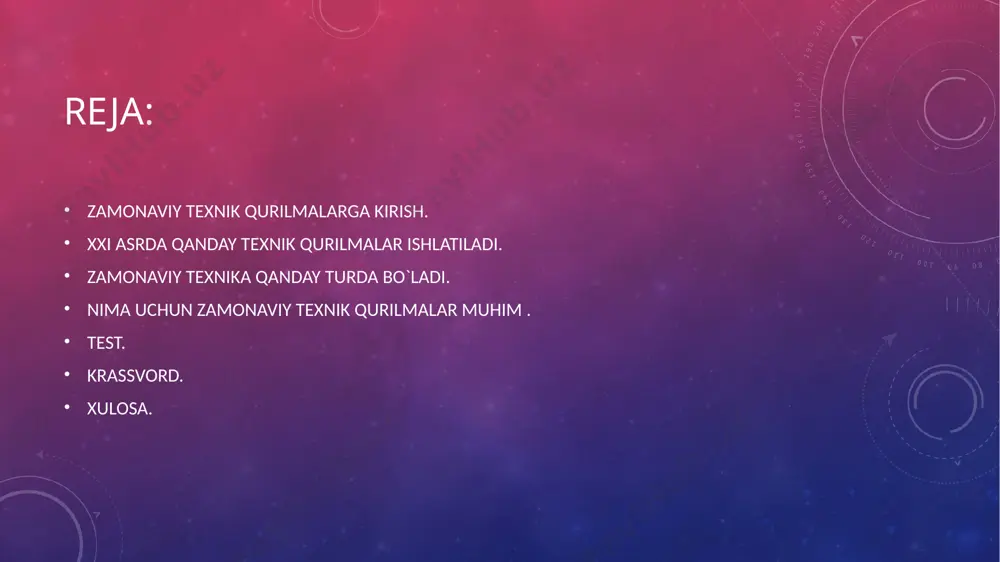 ulaylashtiradi. 4. **sun'iy intellekt**: ai tizimlari, masalan, ovozli yordamchilar (siri, google assistant) va ma'lumotlarni tahlil qilishda ishlatiladi. 5. **avtomatlashtirilgan transport vositalari**: avtonom avtomobillar va dronlar logistika va transportda inqilobiy o'zgarishlar kiritmoqda. 6. **3d chop etish**: ushbu texnologiya prototiplar yaratishda va individual buyumlarni ishlab chiqarishda qo'llaniladi. 7. **kibershurolar**: kompyuter xavfsizligini ta'minlash va ma'lumotlarni himoya qilish uchun ishlatiladi. 8. **tezkor kommunikatsiya tizimlari**: 5g texnologiyasi mobil aloqani yanada tez va barqaror qiladi. 9. **aqlli kiyimlar va sog'liqni monitoring qilish qurilmalari**: ushbu qurilmalar sport va sog'liqni saqlash sohasida keng tarqalgan. 10. **virtual va kengaytirilgan haqiqiyat**: ushbu texnologiyalar o'yin, ta'lim va boshqa sohalarda yangi imkoniyatlar yaratadi. bu texnik qurilmalar hayotimizni yengillashtirish, samaradorlikni oshirish va yangi imkoniyatlar yaratishda muhim ahamiyatga ega zamonaviy texnika qanday turda bo`ladi zamonaviy texnika turli sohalarda va maqsadlarda foydalanish uchun bir qator turli turlarga bo'linadi. quyida asosiy zamonaviy texnika turlarini ko'rib chiqamiz: 1. axborot texnologiyalari: kompyuterlar: shaxsiy kompyuterlar, noutbuklar, va serverlar. mobil …