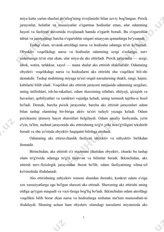odisalar odam​ning sezgi a'zolariga, nerv sistemasiga ta'sir etar ekan, ular miya-da aks ettiriladi. psixik jarayonlar — sezgi, idrok, xotira, tafakkur, xayol — mana shular aks ettirish shakllaridir. odamning obyektiv voqelikdagi narsa va hodisalarni aks ettirishi shu voqelikni bili-shi demakdir. tashqi muhitning miyaga ta'siri orqali narsalarning shakli, rangi, hajmi, kabilarni bilib oladi. voqelikni aks ettirish jarayoni natijasida odamning sezgilari, uning intilishlari, ish-ha-rakatlari, odam shaxsining sifatlari, ehtiyoji, qiziqish va havaslari, qobiliyatlari va xarakteri vujudga keladi, uning turmush tajriba-si hosil bo'ladi. demak, barcha psixik jarayonlar, barcha aks etti​rish jarayonlari odam bilan tashqi olamning bir-biriga aktiv ta'siri tufayli yuzaga keladi. odam psixikasini ijtimoiy hayot sharoitlari belgilaydi. odam amaliy faoliyatda, ya'ni o'yin, ta'lim, mehnat jarayonida aks ettirishning to'g'ri yoki noto'g'riligini tekshirib bo​radi va shu yo'sinda obyektiv haqiqatni bilishga erishadi. odamning aks ettiruvchanlik faoliyati obyektiv va subyektiv birlikdan iboratdir. birinchidan, aks ettirish o'z mazmuni jihatidan obyektiv, chun​ki bu tashqi olam to'g'risida odamga to'g'ri tasavvur va bilimlar …