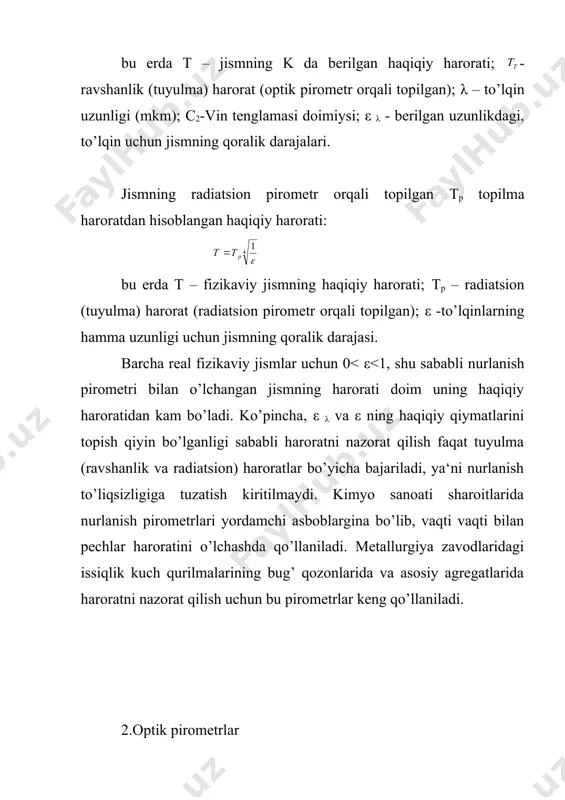 asboblardan tez o’tadigan jarayonlardagi haroratni o’lchashda foydalaniladi. fotoelektr pirometrlarning ishlash prinsipi fotounso’rning unga tushayotgan yorug’lik oqimi intensivligiga bog’liq bo’lgan fototokni o’zgartirish qobiliyatiga asoslangan. fototok kuchi quyidagi tenglama orqali aniqlanadi: bu еrda a – asbobning sezgirligiga bog’liq bo’lgan asbob doimiyligi; n- asbobning spektr tavsifiga bog’liq bo’lgan asbob doimiysi; t – fizikaviy jismning harorati. fotoelektr pirometrning o’lchash chegaralari 800 dan 4000 gacha. asosiy hato o’lchash yuqori chegarasining ±1 % ini tashkil qiladi. pirometrning ikkilamchi asbobi sifatida o’ziyozar avtomatik potensiometr qo’llaniladi. 3. rangli pirometrlar rangli yoki spektral nisbatli pirometrlar qizitilgan jismning nurlanish spektridagi energiyaning nisbiy taqsimlanishi bo’yicha haroratni o’lchashga mo’ljallangan. harorat cho’g’langan jismning spektrida tanlangan ikki soha, maslan, ko’k sohalardagi ravshanliklar nisbatidan aniqlanadi. agar cho’g’langan jismning nurlanish spektrida λ1 va λ2 to’lqin uzunligidan ikkita monoxromatik nurlanish (qizil va ko’k sohada) tanlansa, harorat o’zgarishi bilan bu nurlanishlar ravshanliklarning nisbati ham o’zgaradi. qora bo’lmagan jism uchun ravshanliklar nisbati quyidagi ifoda bilan tavsiflanadi: (7) bunda ελ1 …