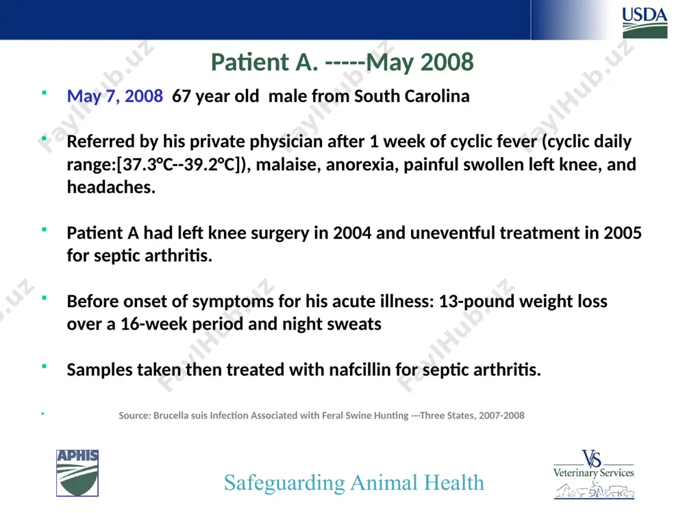 d and identified b. suis using laboratory response network§ standardized biochemical tests and polymerase chain reaction. epidemiologic investigation revealed that, on december 29, 2007, patient b had hunted feral swine in florida with his brother (patient c), a florida resident. both men participated in field dressing and butchering four feral swine. no personal protective equipment was worn during these procedures, and no other risk factors for brucellosis were identified. patient b brought the meat back to pennsylvania and stored it in a freezer. the meat was prepared and consumed by patient b and his family members over a 7-month period. according to patient b, the meat was cooked adequately (i.e., to an internal temperature of 160°f [71.1°c]). cdc received three b. suis isolates for confirmation and further molecular characterization. one isolate was from the blood of patient b, and the other two were recovered from frozen sausage and tenderloin of …