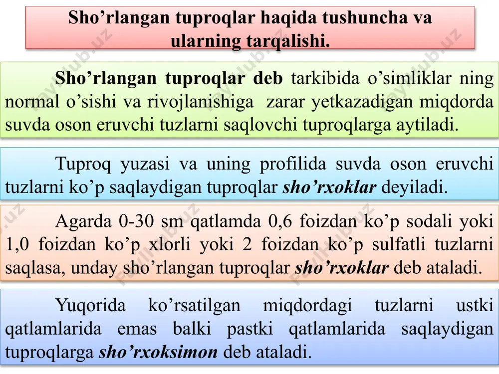 likatlar va ayniqsa karbonat angidrid bilan birikishi tufayli ko’p miqdorda karbonatlar hosil bo’ladi. tuzlar hosil bo’lishida yana bir manba- bu vulqonlar otilishidir. vulqon gazlarida cl, so4, co2 lar uchraydi; vulqonlar faoliyati bilan bog’liq bo’lgan issiq suvlar ayniqsa xloridlar, soda kabi tuzlarni yuzaga olib chiqadi. tuzlarning shamol yordamida qattiq chang holida yoki atmosfera yog’inlari natijasida bir joydan ikkinchi joyga ko’chishiga tuzlarning impulverizasiyasi deyiladi. qattiq shamol paytlarida tuzli ko’llar va dengizlar yuzasidan har xil tuzlar erigan suv zarrachalari havoga ko’tarilib, boshqa tomonlarga ko’chirilib ketiladi. atmosfera yog’inlari bilan bu tuzlar yerga tushadi. meteorologiya stansiyalarning ma’lumotlariga ko’ra cho’llarda har yili bir gektar yerga o’rta xisobida 450-500 kg tuz kelib qo’shiladi. orol havzasida bundan 4-5 marta ko’p. sizot suvlarining tuproq ustki gorizontlariga ko’tariladigan va sho’rlantira oladigan chuqurligi sizot suvlarining kritik sathi deyiladi va u iqlimning quruqligi, guruntning mexanik tarkibiga va uning tuzilishga bog’liq bo’ladi. odatda sizot suvlari 1,5-2-3 m dan tuproqning ustki qatlamlariga ko’tarila oladi. …