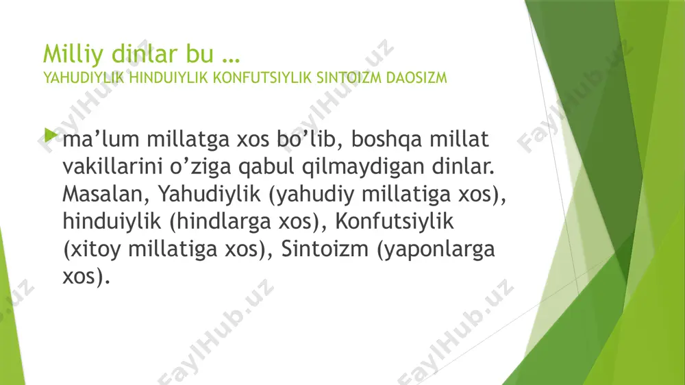 ma’lumot berish darkor. konfutsiychilikning asoschisi konfutsiy (kun szi) mil. av. 551 yilda tug’ilib, mil. av.479 yilda vafot etgan.konfutsiy bir necha yillar davomida turli podshohlar qo’l ostida ishlagandan keyin yoshlarga ta’lim bergan. daosizm хitoyda keng tarqalgan daosizm falsafiy ta’limot sifatida mil. av. birinchi ming yillikning o’rtalarida konfutsiychilik bilan deyarli bir vaqtda paydo bo’ldi. bu ta’limot dastavval bir muncha mavhum xarakterga ega bo’lib, din bilan hech qanday aloqasi bo’lmagan. ushbu ta’limot tarafdorlari ham konfutsiychilar kabi o’z zamonalaridagi harakatlarga qarshi bo’lganlar. daosizm targ’ibotchilari ham hukmdorlar orasidagi tinimsiz urushlarni qoralar edilar. ular ham boshqa birqator falsafiy ta’limotlar qatori orqaga – «oltin asr»ga – qaytishga chaqirar edilar. /docprops/thumbnail.jpeg