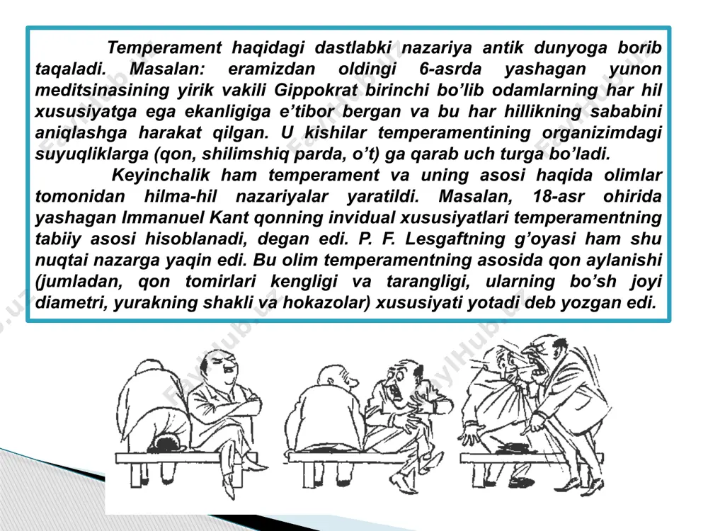 lik qiladi. odamning psixik xususiyatlariga nisbatan faoliyatning shunday yo’l bilan tanlashni kasbga yo’naltirish deb ataladi. temperament tiplari xususiyatlarini mumkin qadar o’quvchilar tarbiyasi jarayonida ham hisobga olish zarur. masalan, melanxolik o’quvchini harakatlari uchun keskin koyish uning ruhini tushurib yuboradi. o’ziga ishonmasligini yana orttirib yuboradi va o’z kuchiga shubha bilan qaray boshlaydi. yuqoridagi usullarni sangvinikka nisbatan ishlatib bo’lmaydi. chunki u boshidan kechirgan ko’ngilsiz voqealarni tez esdan chiqarib yuborishi va o’z kuchi, qobilyatlariga ortiqcha baho berishga moyildir, salbiy bahoga nisbatan qattiqlik va talabchanlik unga ijobiy ta’sir ko’rsatishi mumkin. temperament xususiyatini hisobga olgan holda huddi shunday individual munosabatda bo’lish mehnatni tashlil qilishda, sportchilarning mashqlarida va faoliyatnng boshqa turlarida ham bo’lishi mumkin va zarur. nihoyat, faoliyat talablariga temperamentni moslashtirishning asosiy eng unversal yuli individual ish uslubining tarkib topishidir. mehnat faoliyatidagi ayni bir vazifa va talablar har turli usullar va yullar bilan bir hil samarali amalga oshirilishi mumkin. faoliyatning indvidual uslubi deganda biz mazkur odam uchun …