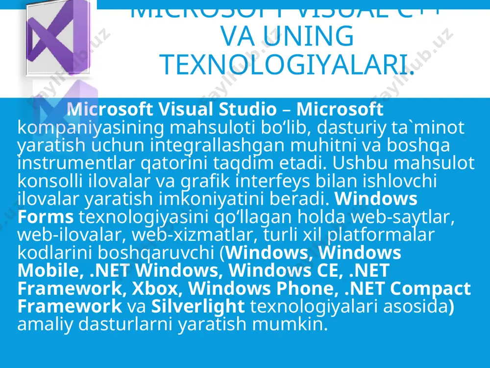 hiti – visual interdev ni o‘z ichiga oldi. microsoft bu versiyasida ilk bora ko‘plab tillarni: visual c++, visual j++, visual interdev va msdn ni bir muhitda qo‘llashga urinib ko‘rdi va u developer studio deb nomlandi. visual foxpro va visual basiclar alohida ishlab chiqarish muhiti sifatida ishlatildi. visual studio naql(versiya)lari visual studio dasturini tizimga o‘rnatish visual studio dasturini bir necha xil naql(versiya)lari mavjud bo‘lib, hozirgi kunda visual studio 2019 versiyasi chiqmoqda. har bir versiyasiga bir necha modular qo‘shilmoqda, bu esa o‘z navbatida dasturni yuklanishini sekinlashiga olib keladi. shularni inobatga olib, kompyuteringizni konfigurasiyasi ya’ni imkoniyatiga qarab (tezkor xotira hajmi, prosessor,...), kerakli naqlni o‘rnatish tavsiya qilinadi. visual studio dasturini tizimga o‘rnatish visual studio dastur yozish uchun muhit (joy) hisoblanadi. bu muhitda dastur kodlarini kompyuter kodlariga o‘tkazib beradigan kompilyator birlashtirilgan bo‘ladi. har bir dasturlash turi uchun alohida kompilyator mavjud bo‘lib, ishlatilgan dasturlash tiliga qarab kompilyator ishga tushadi. visual studio dasturi o‘rnatilsa, barcha kompilyatorlar ham …