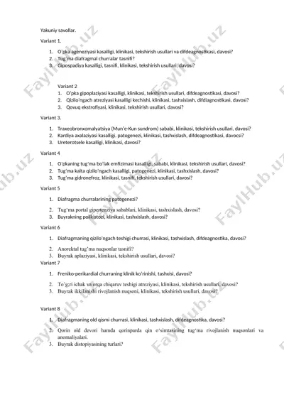 yakuniy savollar – tug‘ma kasalliklar va anatomik anomaliyalar variantlari — DOCX