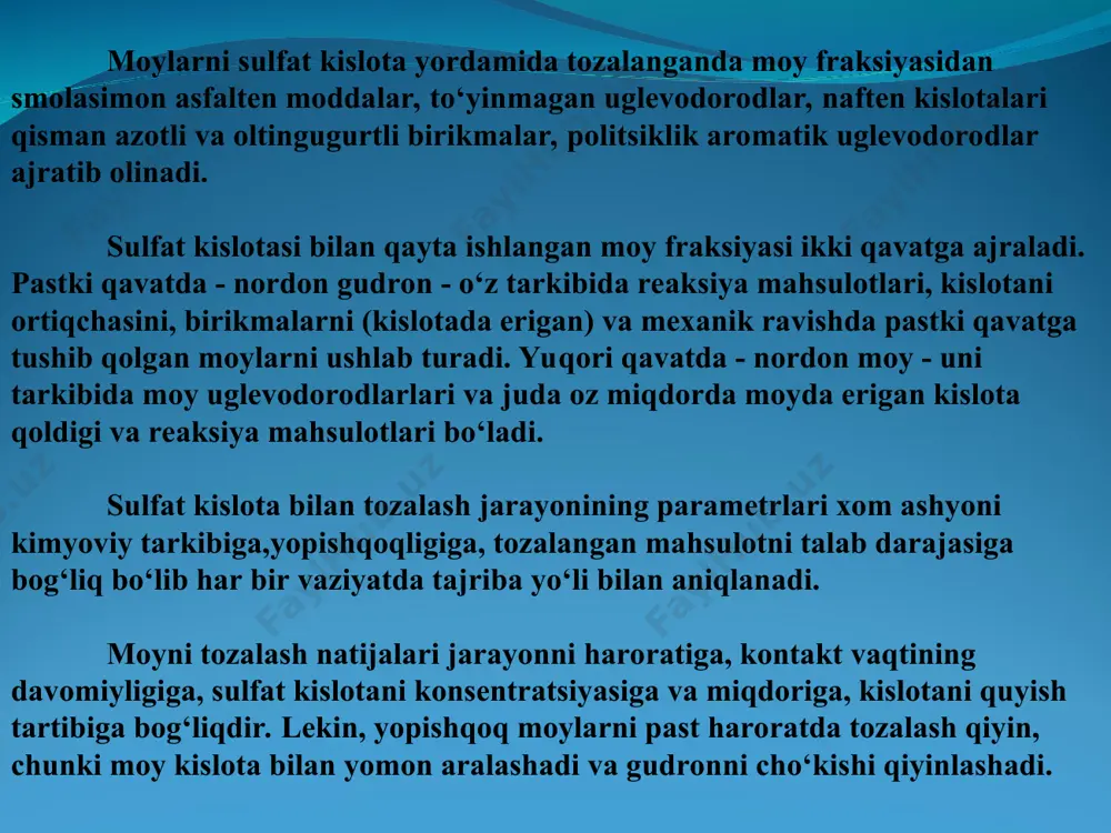 isrof bо‘lishi kamayadi. nazorat savollari 1. neft va neft mahsulotlarini kislota va ishqor yordamida tozalash. 2. sulfat kislota yordamida tozalashning о‘ziga xosligi va uning sharoiti. 3. neft mahsulotlarini kislota va oltingugurtli birikmalardan ishqor qо‘llash orqali tozalash. 4. gazlarni vodorod sulfitdan erituvchiga yuttirish orqali tozalash. 5. neft mahsulotlarini tozalashning adsorbsion va katalitik usullari. 6. adsorbentlar tarkibi va xossalari. 7. sintetik va tabiiy mineral sorbentlar, ularning tarkibi va xossalari. 8.adsorbentning dinamik va statik hajmi, tanlovchanligi va regeneratsiyasi. foydalanilgan adabiyotlar asosiy adabiyotlar 1. ю.в. поконова нефть и нефтепродукты. москва, 2003, 902 с. 2. г.и. фукс. вязкость и пластичность нефтепродуктов, москва, 2003, 330 с. 3. ҳамидов б.н., фозилов с.ф., сайдаҳмидов ш.м., мавлонов б.а.,нефт ва газ кимёси, (ўқув қўлланма), тошкент муҳаррир, 2014, 581 б. 4. я.ц.яшин, е.а.яшин, а.а.яшин, газовая хроматография, москва транслит, 2009,528 б. qo‘shimcha adabiyotlar 1. а.к.мановян. технология первичной перерботки нефти и природного газа. м. химия, 2001, 568 с. 2. сокова н.а., иванова л.в. …