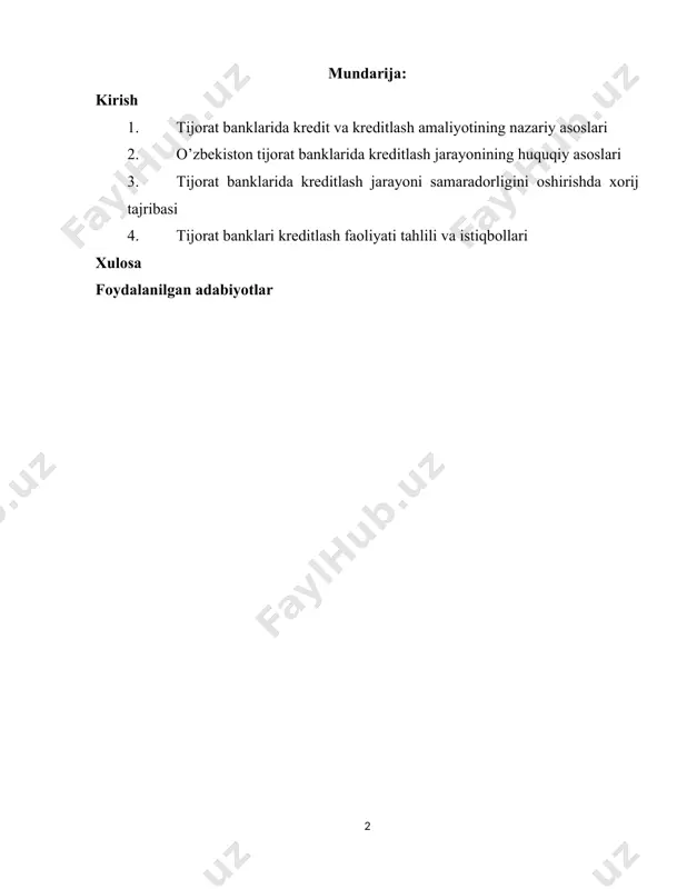 millashtirish bo‘yicha ilmiy-amaliy takliflar berishdan iborat. kurs ishining vazifalari: · kredit va uning iqtisodiyotdagi o‘rnini aniqlash; · tijorat banklarining kredit siyosatini o‘rganish; · kreditlash jarayoni va uning bosqichlarini tahlil qilish; · kreditlashda yuzaga keladigan muammolar va ularning yechimlarini ko‘rsatish; · o‘zbekistonda tijorat banklari tomonidan amalga oshirilayotgan kreditlash amaliyotini o‘rganish va takomillashtirish yo‘llarini aniqlash. tadqiqot obyekti – tijorat banklarining kreditlash faoliyati, uning iqtisodiy samaradorligi va kredit portfeli boshqaruvi. tadqiqot predmeti – tijorat banklarida kredit berish jarayoni, uning turlari, shartlari va boshqaruv usullari. ushbu ish nazariy adabiyotlar va amaliy ma’lumotlarga asoslangan holda tayyorlanib, tijorat banklarining kreditlash siyosati bo‘yicha ilmiy asoslangan xulosalar va takliflar ishlab chiqiladi. 1. tijorat banklarida kredit va kreditlash amaliyotining nazariy asoslari o’zbekiston respublikasi qonunlariga asosan bank bu– tijorat muassasi bo’lib, jismoniy va huquqiy shaxslardan bo’sh turgan pul mablag’larni jalb qilish va uni o’z nomidan, to’lovlilik, muddatlilik, qaytarib berishlik shartlari asosida qarz berish va boshqa operatsiyalarni bajaradi. tijorat banklari o’zbekiston …