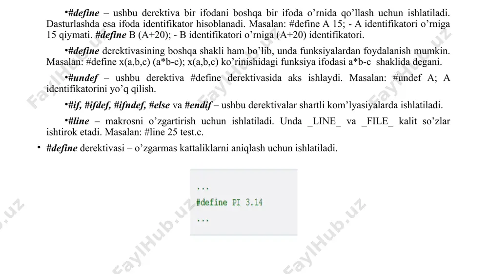 li operator bo’lib, unda rost yoki yolg’on asosida ikki amaldan birini bajaradi. masalan: if(a>b) // c=a; else c=b; switch operatori switch operatori if operatoridan farqi unda 2 dan ortiq variant bo’ladi va mos holatda kerakli amalni bajaradi. masalan: int x=2; switch(x) {case 0: x=x^3; case 1: x=x*x; case 2: x=x+x; default: x;} //ushbu dasturda x=2 bo’lganligi uchun x=x+x amali bajariladi. sikl operatorlari for sikl operatori for sikl operatori ma’lum qadam bilan berilgan ifodani takroriy bajarish uchun xizmat qiladi. bunda sikl takroriyligi oldindan ma’lum bo’ladi. masalan: void main(void) {int x; int z=10; int y=0; for(x=1;x<=10;x=x+1) {y=y+1;}} // bunda 1 dan o’ngacha sonlar yi’gindisini hisoblovchi dastur while sikl operatori while sikl operatorini for operatoridan farqi bunda shart keyin bajarilishidir. masalan: void main(void) {int x=1; int z=10; int y=0; while(x<=10) {y=y+1; x=x+1; }} // bunda 1 dan o’ngacha sonlar yig’indisini hisoblovchi dastur while operatorini do-while shakli ham mavjud: void main(void) {int x=1; int …