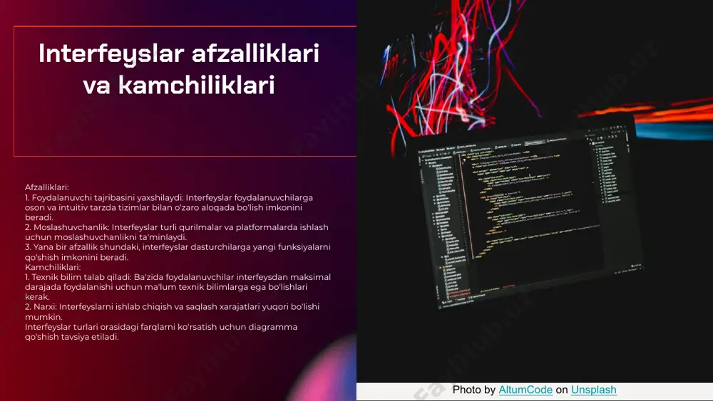 interfeyslarni yanada kengaytiradi. yangi interfeys texnologiyalari kelajak interfeyslaridan biri virtual va kengaytirilgan haqiqat (vr va ar) texnologiyalari hisoblanadi. ushbu texnologiyalar o‘rganish va muloqot qilish usullarimizni tubdan o‘zgartirishi mumkin. - sun’iy intellekt interfeyslari, foydalanuvchilar ehtiyojlariga mos ravishda avtomatik ravishda moslashadi. - interfeyslar orqali sun’iy intellekt yordamida tushunish va javob berish jarayoni tezlashadi. - sun’iy intellekt texnologiyalari interfeyslarni yanada intuitiv va qulay qiladi. yangi formatlar bilan muloqot qilish, masalan, ovozli buyruqlar va sensory interfeyslar, foydalanuvchilar uchun yangi imkoniyatlar yaratadi. bu formatlar, o‘z navbatida, texnologiyaning rivojlanishi va foydalanuvchilar bilan o‘zaro aloqani osonlashtiradi. photo by altumcode on unsplash xulosa interfeyslar va ularning turlari interfeyslar turli xil qurilmalar o'rtasida aloqa o'rnatadi. ular grafik interfeyslar, komanda qatorlari va ovozli interfeyslar kabi bir necha turlarga bo'linadi. afzalliklari va kamchiliklari har bir interfeys turining o'ziga xos afzalliklari va kamchiliklari mavjud. masalan, grafik interfeyslar foydalanuvchilarga qulay bo'lsa-da, ular resurslarni ko'p talab qiladi. kelajakdagi interfeyslar kelajakda interfeyslar yanada rivojlanadi. sun'iy …