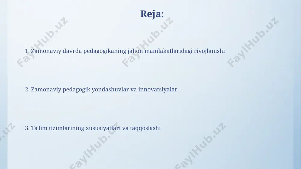 jahonning rivojlangan mamlakatlarida inklyuziv ta'limga o'tish jarayoni kuchayib, 2015-yildan keyin maxsus ehtiyojli bolalar uchun integratsion yondashuvlar soni sezilarli darajada ortdi. postmodern pedagogika kontekstida shaxsiylashtirilgan ta'limga bo'lgan talab ortdi, bu esa individual o'quv rejalarini ishlab chiqish va differensiatsiyalashgan yondashuvlarning keng qo'llanilishini keltirib chiqardi. gʻarb mamlakatlarida pedagogikaning taraqqiyoti gʻarbda, taxminan 1980-yillardan soʻng, ta'lim sifatini baholash va monitoring qilish tizimlari, xususan, xalqaro taqqoslash testlari (pisa, timss) keng miqyosda joriy etildi va bu pedagogik amaliyotlarni oʻzgartirishga turtki boʻldi. 1960-yillardan boshlab, gʻarb maktablari oʻquv dasturlarida individual yondashuv va differensiatsiya tamoyillarini qoʻllashga e'tibor qaratdi, bu esa talabalarning oʻziga xos ehtiyojlariga moslashishga olib keldi. sharq mamlakatlarida pedagogikaning rivojlanishi sharq mamlakatlarida 20-asrning 20-yillaridan boshlab gʻarb taʼlim tizimlarining taʼsiri ostida milliy oʻquv dasturlari qayta koʻrib chiqilib, zamonaviy fanlar va texnologiyalarni oʻrgatishga urgʻu berildi. islom madaniyatining boy merosi, jumladan, al-xorazmiy, ibn sino kabi allomalar asarlari, zamonaviy pedagogika rivojlanishiga sezilarli hissa qo'shdi va hozirgi kunda ham o'quv jarayonida qo'llanilmoqda. oʻzbekistonda ta'lim …
