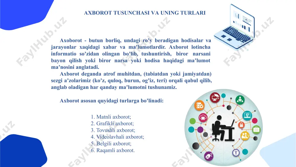 rning paydo boʼlishi) 4 elektron (hozirgi davr texnologiyalari) аxborot texnologiyasining rivojlаnish tаrixi аxborot texnologiyalari jamiyat axborot resurslaridan oqilona foydalanishning eng muhim omillaridan biri boʼlib, hozirgi vaqtga qadar bir necha bosqichlarni bosib oʼtdi. – bosqich. xix asirning 2 – yarmigacha davom etgan. bu bosqichda «qoʼllik» axborot texnologiyalari taraqqiy etgan. uning vositasi pero, siyoxdon, kitob. kommunikatsiya yaʼni aloqa odamdan – odamga yoki pochta orqali xat vositasida amalga oshirilgan. – bosqich. xix asirning oxiri, unda «mexanik» texnologiya rivoj topgan. uning asosiy vositasi yozuv mashinkasi, arifmometr kabilardan iborat. – bosqich. xx asirning boshlariga mansub boʼlib, «elektromexanik» texnologiyalar bilan farq qiladi. uning asosiy vositasi sifatida telegraf va telefonlardan foydalanilgan. – bosqich. xx asir oʼrtalariga toʼgʼri kelib, «elektron» texnologiyalar qoʼllanilishi bilan belgilanadi. bu texnologiyaning asosiy vositasi ehmlar va ularning asosida tashkil etiladigan avtomatlashtirilgan boshqarish tizimlari va axborot izlash tizimlaridir. – bosqich. xx asirning oxiriga toʼgʼri keladi. bu bosqichda kompyuter texnologiyalari taraqqiy etdi. ularning asosiy vositasi turli …