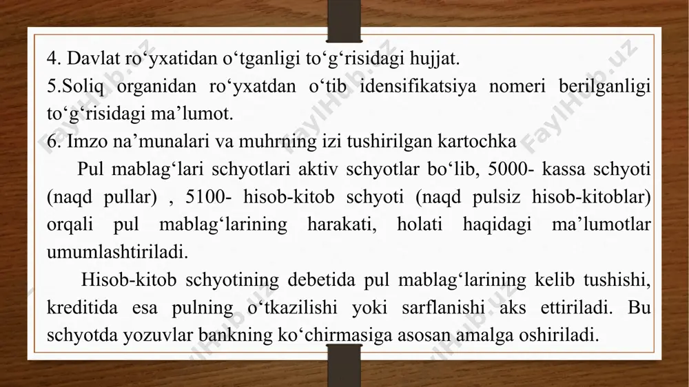 xizmat safari sarfi esa buyruqqa asosan safar guvohnomasi ko‘rsatilib, hisoblangan summada borishkelish yo‘l xarajatlari, kunlik sarflari, tunash xarajatlari ko‘rsatiladi. bu sarflarning maqsadga muvofiqligi yuqori mansabdor shaxslar tomonidan tasdiqlanadi. hisobdor shaxslar muomala sodir bo‘lgandan keyin 3 kun ichida hisobot tuzishlari lozim. qoldiq summalari kassaga topshiriladi, ortiqcha sarf qilingan bo‘lsa, kassadan farq summa beriladi. agarda shaxslar o‘z vaqtida hisobot bermasalar, bu summalar ularning ish haqidan ushlab qolinadi 3. hisobdor shaxslar bilan bo‘ladigan hisob-kitoblar hisobi. hisobdor shaxslarga naqd pul faqat korxona kassasidan beriladi va hisobdorlikdagi summa korxona ro‘yxatidagi xodimlarga bo‘nak (avans) sifatida faqat ma’lum maqsadlar uchun beriladi. bular 4210-«mehnat haqi bo‘yicha berilgan bo‘naklar», 4220- «xizmat safarlari uchun berilgan bo‘naklar», 4290-«xodimlarga berilgan boshqa bo‘naklar», 4230-«umumxo‘jalik xarajatlari uchun berilgan bo‘naklar» schyotlarida yuritiladi. schyotlarning debetida sarflash uchun berilgan pul, kreditida esa sarflangan pulning hisobdan chiqarilishi aks ettiriladi 4220, 4230 schyotlar bo‘yicha schyotlar aloqasini quyida keltirib o‘tamiz. t/r muomala mazmuni schyotlar aloqasi 1 xizmat safari uchun hisobdor …