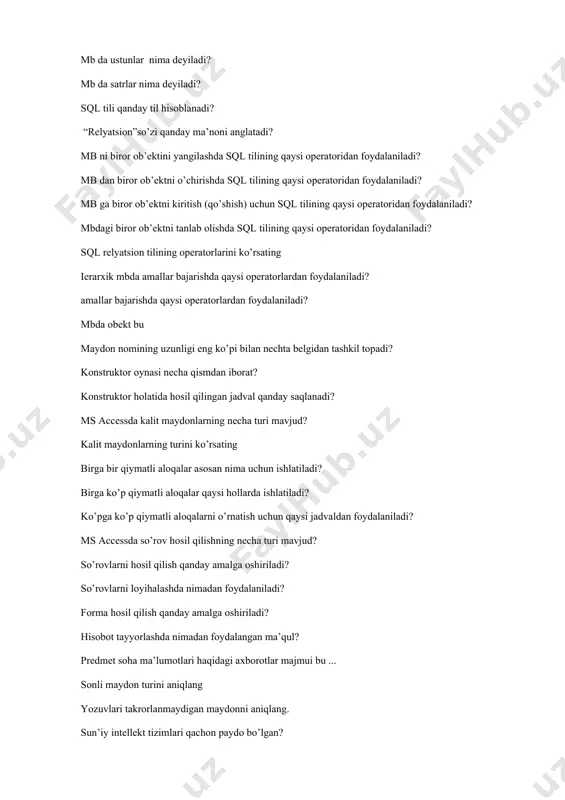 an iborat? konstruktor holatida hosil qilingan jadval qanday saqlanadi? ms accessda kalit maydonlarning necha turi mavjud? kalit maydonlarning turini ko’rsating birga bir qiymatli aloqalar asosan nima uchun ishlatiladi? birga ko’p qiymatli aloqalar qaysi hollarda ishlatiladi? ko’pga ko’p qiymatli aloqalarni o’rnatish uchun qaysi jadvaldan foydalaniladi? ms accessda so’rov hosil qilishning necha turi mavjud? so’rovlarni hosil qilish qanday amalga oshiriladi? so’rovlarni loyihalashda nimadan foydalaniladi? forma hosil qilish qanday amalga oshiriladi? hisobot tayyorlashda nimadan foydalangan ma’qul? predmet soha ma’lumotlari haqidagi axborotlar majmui bu ... sonli maydon turini aniqlang yozuvlari takrorlanmaydigan maydonni aniqlang. sun’iy intellekt tizimlari qachon paydo bo’lgan? bilimlar bazasi bu ekspert tizimlarining afzalligi nimada? oldin tayyor bo’lgan so’rovni ishga tushirib tekshirib ko’rish qanday amalga oshiriladi? maydonlar tanlangandan so’ng so’rovni ishga tushirib tekshirib ko’rish qanday amalga oshiriladi? so’rovni ishga tushirib saqlab qo’yish qanday amalga oshiriladi? guruhli so’rovlar qanday hosil qilinadi? parametrli so’rovlar qanday hosil qilinadi? shartli so’rovlar qanday hosil qilinadi? kesishadigan so’rovlar qanday …
