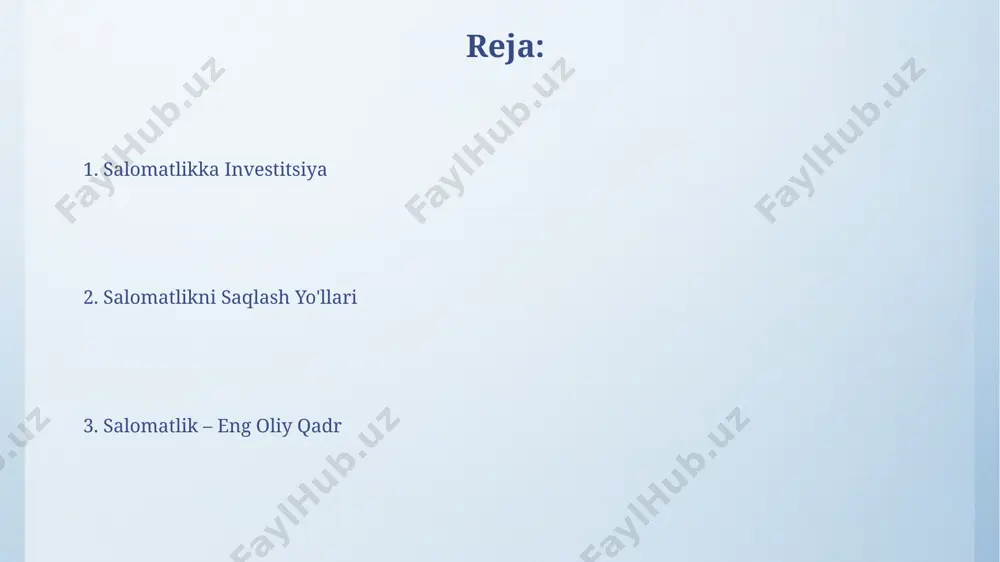 va sog'lom yashash yillari soni sog'liqni saqlash tizimining sifatini baholashda muhim ko'rsatkichlar bo'lib, 70 yoshdan oshgan aholi soni ortib bormoqda. to'g'ri ovqatlanish meva va sabzavotlar, kuniga kamida 5 porsiyada iste'mol qilinganda, organizmning antioksidantlar va vitaminlar bilan ta'minlanishini 80% ga oshiradi. to'g'ri ovqatlanish, yurak-qon tomir kasalliklari xavfini 30% gacha kamaytiradi va umr ko'rish davomiyligini 5-10 yilga uzaytirishi mumkin. sog'liqni saqlashga investitsiya sog'liqni saqlashga investitsiya, masalan, profilaktika tekshiruvlariga 30% ko'proq mablag' sarflash, yurak-qon tomir kasalliklari xavfini 15% ga kamaytirishi mumkin. sog'lom turmush tarzini targ'ib qilishga yo'naltirilgan dasturlar, shu jumladan sport va to'g'ri ovqatlanish bo'yicha ta'limga 10 million dollar sarmoya kiritish, aholining sog'lom turmush tarziga rioya qilish ko'rsatkichini 20% oshirishi mumkin. yomon odatlardan voz kechish sog'liq uchun xavfli bo'lgan 3 ta yomon odat – chekish, spirtli ichimliklarni suiiste'mol qilish va kam harakatlilik – o'rtacha umr ko'rish davomiyligini 10-15 yilga qisqartirishi mumkin. yomon odatlardan, masalan, kuniga 20 dan ortiq sigaret chekish yoki haftasiga 5 …