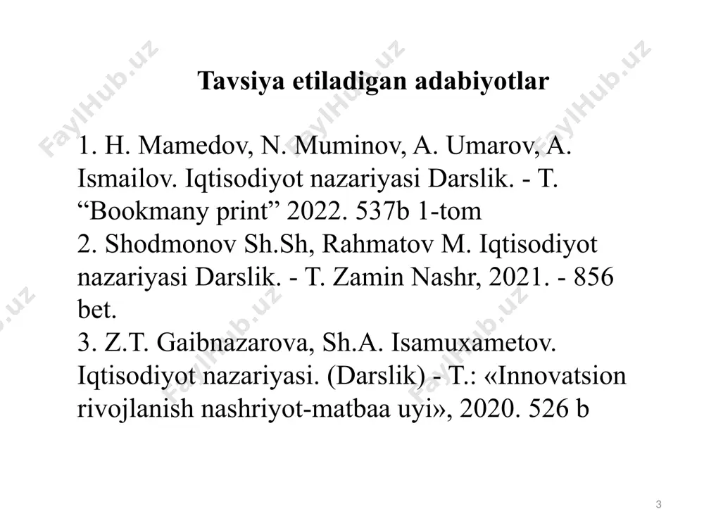 narxi (so kartoshkaning yakka taklifi miqdori (bir oyda kilogramm)) kartoshkaning bozor taklifi miqdori (bir oyda tonna) 700 600 500 400 300 60 50 30 20 10 60 50 30 20 10 700 600 500 400 300 200 100 0 10 20 30 40 50 60 q, tonna d 14 narx va taklif miqdori o'rtasidagi bog'liqlik hamda taklif egri chizig'i talab miqdori bilan taklif miqdori bir-biriga teng bo'lgan holat bozor muvozanati deyiladi. bozor muvozanati vujudga kelgan holda shakllangan narx bozor narxi deyiladi. ba'zan uni muvozanatlashgan narx deb ham yuritiladi. 15 3. bozor muvozanati va uning turlari 700 600 500 400 300 200 100 0 d ортиқча ишлаб чиқариш s s тақчиллик d 10 20 30 40 50 60 q, тонна e p, сўм 16 бозор мувозанати тb = тf = nm = мм 17 bozor muvozanatini o'ziga xos matematik tenglik sifatida ham ifodalash mumkin: bu yerda: tb – talab, tf – …