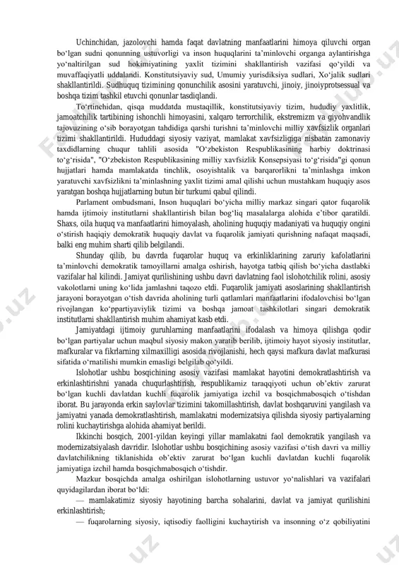 iyotning milliy modellari va ularning mazmuni. o‗zbekistonning bosh strategik maqsadi - bozor iqtisodiyotiga asoslangan erkin demokratik jamiyatni barpo etishdir. bozor iqtisodiyoti - bu mukammal ishlab chiharish omillariga ega bo‗lgan, tovar-pul munosabatlariga asoslangan, aniq ijtimoiy mo‗ljali bor, bozor signallariga binoan va pul vositasida boshqarilib turiluvchi iqtisoddir. bozor munosabatlariga o‗tishning inson tafakkuriga ta‘siri quyidagilar: 1) odamlarning o‗z mulkiga bo‗lgan tafakkurini har tomonlama rivojlantirib egalik tuyg‗usini shakllantirish; 2)o‗zi va oilasi uchun mehnat qilib, boqimandalikka xotima berishi; 3) tejamkorona xo‗jalik yuritish asosida xarajatlarni kamaytirib talon-taroj va lapashanglikka chek qo‗yishi; 4) ilm-fan, texnika va texnologiyalarning eng so‗ngi yutuqlarini dadil va g‗ayrat bilan xo‗jalik yuritish jarayoniga joriy etib, katta daromad topishga undashi; 5) har bir kishini o‗z kasb-korining mohir ustasi bo‗lishini zaruriyatga aylantirishi kabilar bilan belgilanadi. shuning uchun ham birinchi brinchi prezidentimiz i.a.karimov : "bozorga o‗tish muqarrar. bu - davr amri, ob‘ektiv reallikdir. ayni vaqtda bozor faqat maqsad emas, balki yangi qadriyatlarni shakllantirish, odamlar farovonligining sifat …