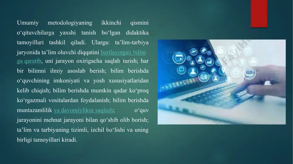 zbekiston respublikasining konstitutsiyasi t.: -oʻzbeksiton 2012y. o‘zbekiston respublikasining «ta’lim to‘g‘risida»gi qonuni. , -t.:o‘zbekiston. 2020 y 3. maktabgacha taʼlim konsepsiyasi – t.: 2019-y. 4.azizxoʻjayeva n.n. oʻqituvchi tayyorlashning pedagogik texnologiyasi.-t.: tdpu, 2000.52 b 5. xasanboyev j., toʻrakulov x., xaydarov m., xasanboyeva o. pedagogika fanidan izohli lugʻat. – t., 2008. internet saytlari: 1. www. tdpu. uz 2.www. pedagog. uz 3.www. ziyonet.uz 4.www. edu. uz image6.png image7.png image8.png image9.png image10.png image11.png image12.png image13.png image14.png image2.png image3.png image4.png image5.png