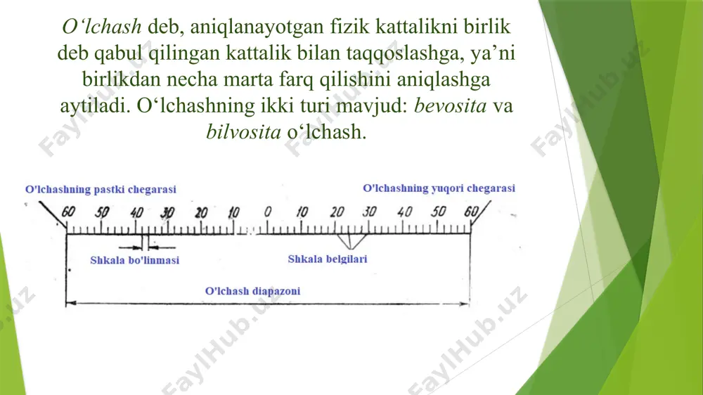 dalanadi nx: masalan: termometr yordamida tana harorati 36.5 °c o‘lchandi, aslida harorat 37 °c edi. absolyut xatolik: |37 - 36.5| = 0.5 °c nisbiy xatolik: (0.5 / 37) × 100% ≈ 1.35 % dinamik xatolik- o‘lchanayotgan kattaliklarni vaqt maboynida o‘zgarishiga bo‘g‘liq bo‘lgan xatoliklar sanaladi. bundagi o‘zgarishlar o‘lchashlar vaqtga bog‘liq holda amalga oshirilganda kuzatilishi mumkin. masalan: qon bosimini o‘lchash: qon bosimi vaqtga qarab doimiy o‘zgarib turadi. agar o‘lchash asbobi (masalan, sfigmomanometr) javob berishda sekinlik qilsa yoki o‘lchash payti o‘zgarish tez bo‘lsa, o‘lchangan qiymat haqiqiy qon bosimidan farq qilishi mumkin. yurak urishini o‘lchash: yurak urishi doimiy ravishda o‘zgaradi. sekundomer yordamida hisoblashda vaqt o‘lchovidagi kichik nosozliklar yoki o‘lchash paytidagi yurak urishining tezlashi yoki sekinlashishi dinamik xatolikka olib keladi. uyga vazifa biror jismlarning uzunligi 5 m va 3 m bo‘lsa, ularning umumiy uzunligini santimetrda ifoda qiling. 2500 mg dori miqdori necha grammga teng? tana harorati 37 °c ga teng. uni kelvin shkalasida ifoda qiling. …
