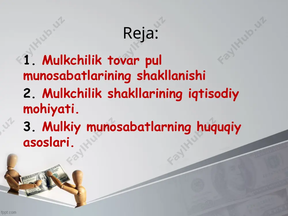 oidalari davlat mulkini xususiylashtirish iqtisodiy islohotlarning ichki mantiqiga bo`ysundiriladi va ularning asosini tashkil qiladi mulkni xususiylashtirish davlat tomonidan boshqariladi xususiylashtirishni xuquqiy-me'yoriy jihatdan ta'minlashda qonunlarga rioya etiladi. bozor iqtisodiyotining asosini tovar ishlab chiqarish tashkil etadi, chunki bu yerda natural xoʻjalik emas, balki tovar xoʻjaligi hukmron boʻladi. tovar ishlab chiqarish yaratilgan mahsulotlar va xizmatlar tovar shakliga ega boʻladi, yaʼni ular bozorda oldi-sotdi qilish uchun yaratiladi. xususiy mulk asosiy boʻlgan holda boshqa mulk shakllari ham mavjud boʻladi. xilma-xil mulkchilik yoki barcha mulk shakllarining , chunonchi xususiy individual, xususiy korporativ, jamoa mulklari hamda davlat mulkidan erkin rivojlanishi natijasida mulkiy muvozanat hosil boʻlib, hech bir mulk shaklining monopoliyasiga yoʻl berilmaydi. bozor iqtisodiyotida yakka tartibda, oʻz mulki va mablagʻiga tayangan holda, korporativ, sherikchilik asosida yer, bino, inshootlar, mashinalarni ijaraga olish, pulni qarzga koʻtarib ish yuritish usullari mavjud boʻladi. bozor iqtisodiyotining tayanchi tadbirkorlik boʻlib, u tovar va xizmatlarni bozorga yetkazib berish asosida foyda topishga qaratiladi. bozor iqtisodiyoti …
