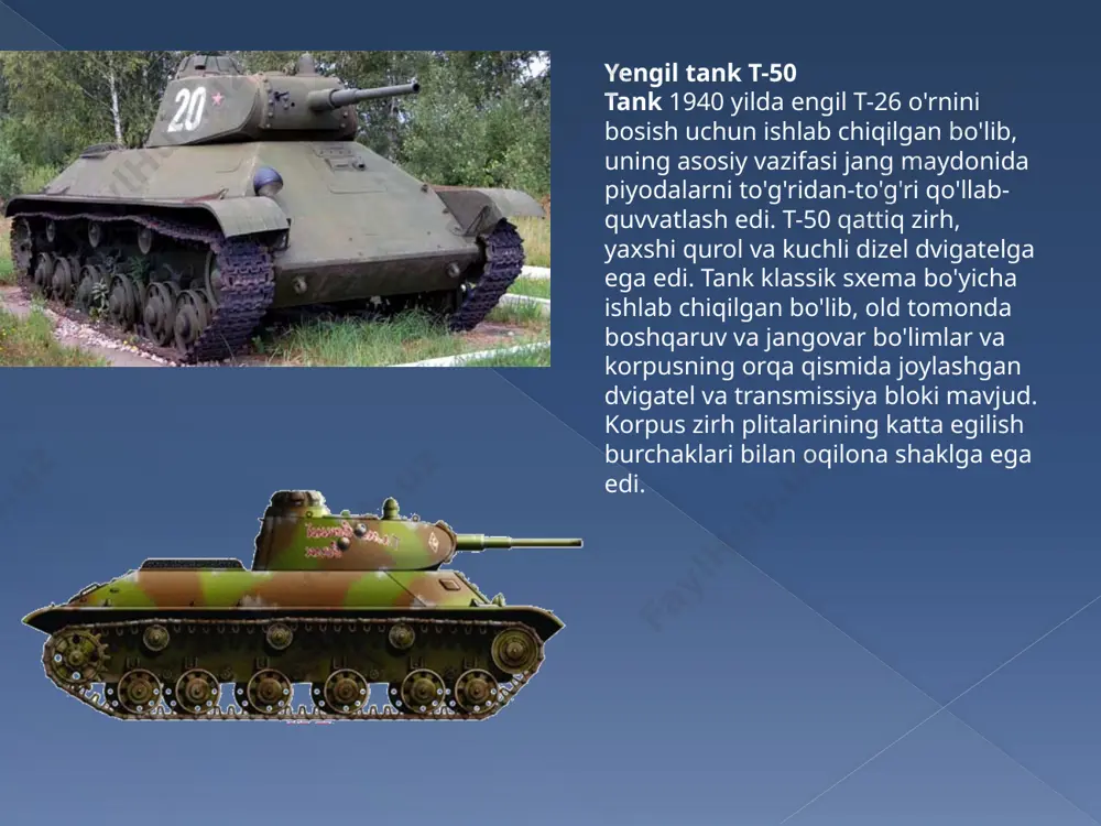 i qurollanishi bilan ham keskin farq qiladi. og'ir tank is-1 bu tank , ba'zan is-85 deb ham ataladi, yangi oilaning birinchi og'ir tanki edi. u kv dan mustahkamlangan zirhli himoyasi , yangi dvigateli va quvvat uzatilishi bilan ajralib turardi. korpusning konturi va umumiy sxemasi ilgari ishlab chiqilgan kv-13 eksperimental tankidan olingan. korpusning old qismidagi zirh qalinligi 120 mm, minorada - 100 mm, korpusning yon tomonlarida - 90 mm gacha. korpusning chiqadigan old qismining markazida boshqaruv bo'limi joylashgan bo'lib, unga minora lyukidan kirish mumkin edi. e'tiboringiz uchun rahmat image2.jpeg image3.jpeg image4.jpeg image5.jpeg image6.jpeg image7.jpeg image8.jpeg image9.jpeg image10.jpeg image11.jpeg image12.jpeg image13.jpeg image14.jpeg image15.jpeg image16.jpeg image17.jpeg image18.jpeg image19.jpeg image20.jpeg /docprops/thumbnail.jpeg