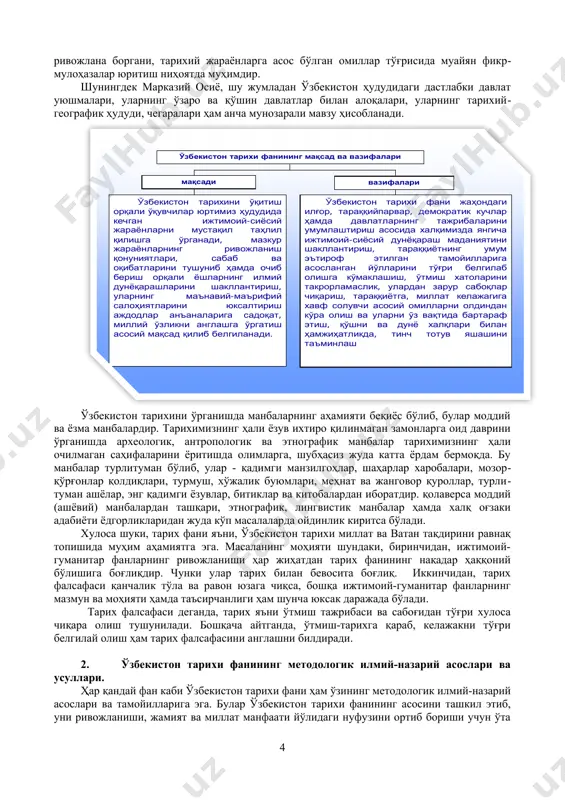 ди. ўзбекистон тарихини ўрганишда манбаларнинг аҳамияти беқиёс бўлиб, булар моддий ва ёзма манбалардир. тарихимизнинг ҳали ёзув ихтиро қилинмаган замонларга оид даврини ўрганишда археологик, антропологик ва этнографик манбалар тарихимизнинг ҳали очилмаган саҳифаларини ёритишда олимларга, шубҳасиз жуда катта ёрдам бермоқда. бу манбалар турли­туман бўлиб, улар - қадимги манзилгоҳлар, шаҳарлар харобалари, мозор­қўрғонлар қолдиқлари, турмуш, хўжалик буюмлари, меҳнат ва жанговор қуроллар, турли­туман ашёлар, энг қадимги ёзувлар, битиклар ва китобалардан иборатдир. қолаверса моддий (ашёвий) манбалардан ташқари, этнографик, лингвистик манбалар ҳамда халқ оғзаки адабиёти ёдгорликларидан жуда кўп масалаларда ойдинлик киритса бўлади. хулоса шуки, тарих фани яъни, ўзбекистон тарихи миллат ва ватан тақдирини равнақ топишида муҳим аҳамиятга эга. масаланинг моҳияти шундаки, биринчидан, ижтимоий-гуманитар фанларнинг ривожланиши ҳар жиҳатдан тарих фанининг нақадар ҳаққоний бўлишига боғлиқдир. чунки улар тарих билан бевосита боғлиқ. иккинчидан, тарих фалсафаси қанчалик тўла ва равон юзага чиқса, бошқа ижтимоий-гуманитар фанларнинг мазмун ва моҳияти ҳамда таъсирчанлиги ҳам шунча юксак даражада бўлади. тарих фалсафаси деганда, тарих яъни ўтмиш …
