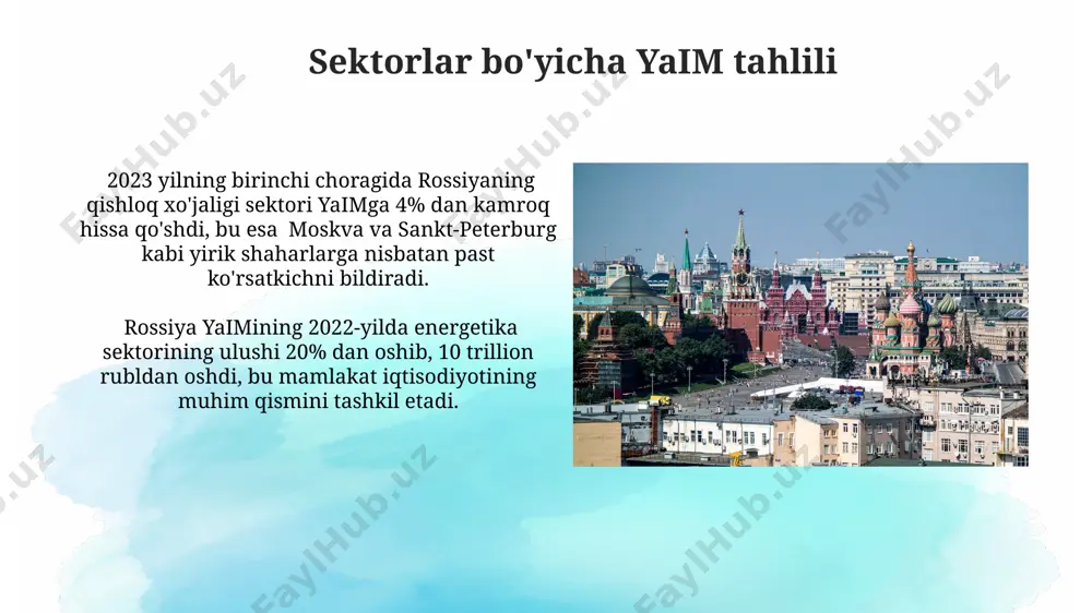 aloqalarining susayishi rossiya yaimining 2024-yilda 0,5% ga kamayishiga olib kelishi mumkin, deb ba'zi mutaxassislar taxmin qilmoqdalar, bu esa ural va sibir mintaqalariga salbiy ta'sir ko'rsatadi. 2023-yil oxiriga kelib, rossiya yaimining pasayishi 2,1% atrofida bo'lishini xalqaro moliyaviy tashkilotlar bashorat qilmoqda, bu esa moskva va sankt-peterburg kabi yirik shaharlar iqtisodiyotini sezilarli darajada ta'sir qiladi. xulosa va tavsiyalar россиянинг экспорт салоҳияти, асосан энергетика ресурслари ва хом ашёга таянган ҳолда, глобал бозорлардаги нархлар ўзгаришига жуда сезувчанлигини кўрсатмоқда. москва ва санкт-петербург каби йирик шаҳарларда яимнинг юқори кўрсаткичлари кузатилмоқда, бу эса россиянинг минтақалараро ривожланишдаги номутаносиблигини янада кучайтирмоқда. rossiya yaimining global konteksti rossiya yaimining 2022-yilda global yaimda taxminan 2,5% ulushi bo'lgan, bu esa dunyoning eng yirik iqtisodlari orasida o'ninchi o'rinni egallaganini ko'rsatadi, aqsh va xitoy kabi yirik iqtisodlardan ancha orqada qolgan. rossiya yaimining energiya resurslari eksportiga yuqori bog'liqligi, xususan, neft va tabiiy gazga, uning global iqtisodiy o'sishdagi o'zgaruvchan rolini va jahon bozorlaridagi narxlar tebranishlariga sezgirligini namoyon qiladi. …