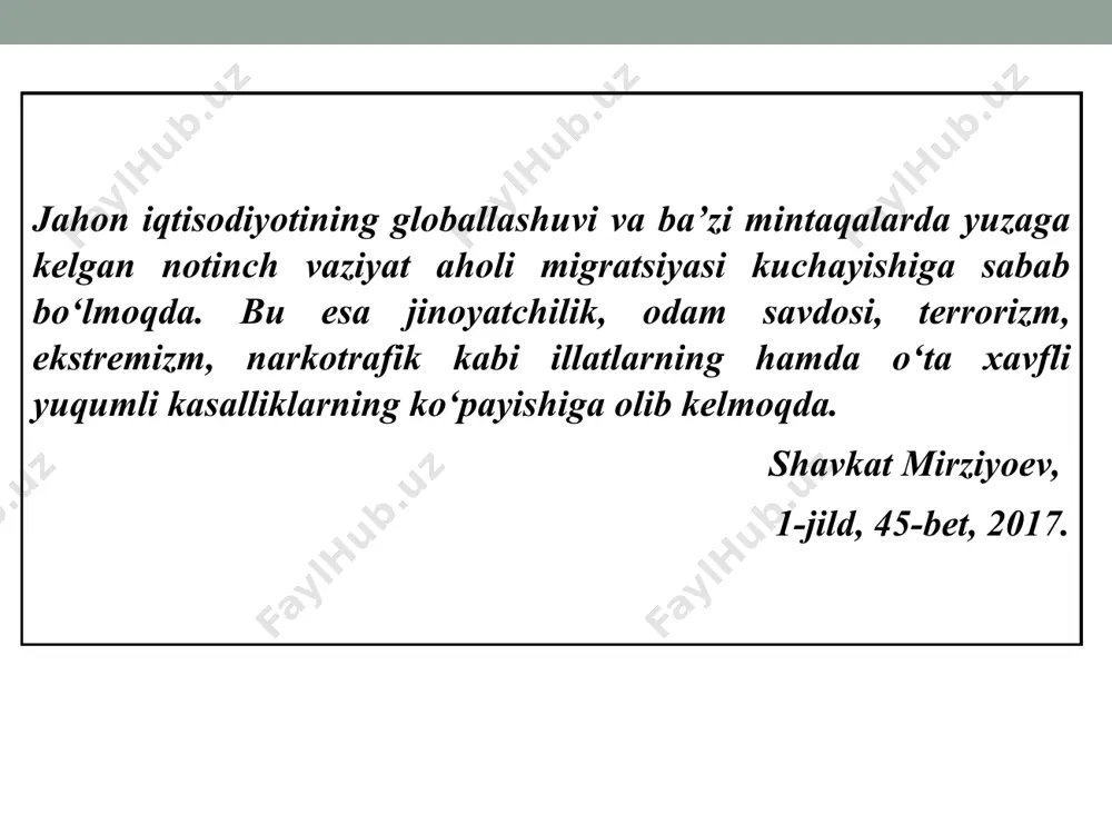 ni kеchiktirib bo`lmаydigаn g`оyat murаkkаb vаzifаlаrni qo`ymоqdа” . fanatizm (lot. asabiylashgan, jazavaga tushgan) - o’taketgan mutaassiblik,johillik, diniy e’tiqodlarga yoki biror nazariy qarashlarga tish-tirnog’i bilan yopishib olib, boshqa har qanday qarashlarni mutlaqo rad etish, masalan, diniy fanatizm. ekstremizm (lot. extremuz – o’ta, keskin) – siyosat va mafkurada ashaddiy, favqulodda ҳarakat ҳamda qarashlarga asoslanib faoliyat yuritish. turli ko’rinishlari: siyosiy ekstremizm – g’arazli maqsadiga kuch ishlatish usulidan foydalanadi. “din” niqobi ostida balandparvoz shiorlar, chaqiriqlar bilan terrorchilik va partizanlik ҳarakatini qo’llab-quvvatlaydi. mavjud siyosiy tuzilmalarni yo’qotish uchun “jiҳod”ga chaqiradi. uning raҳbarlari ҳar qanday murosa va kelishuvlarni rad etadi. siyosiy ekstremizm ko’rinishlari: a) millatchilik – turli millat, etnik guruҳlarni inkor etadi. b) separatizm (ayirmachilik)ni keltirib chiqaradi, keskinlik, xalqlar o’rtasida mojarolarni uyushtiradi. diniy ekstremizm, avvalo boshqa diniy konfessiyalarga, ularning vakillariga toqatsiz bo‘ladi. dunyoviy davlat qurishni rad qiladi va xalifalikka chaqiradi. yaqin sharq va markaziy osiyo mintaqasidagi turli diniy tashkilotlar bilan bog‘liq. ko‘rinishlari: a) “hizb ut-tahrir”. b) “o‘zbekiston …