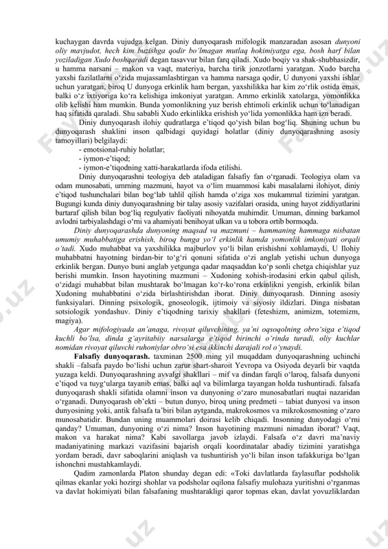 kayfiyat dunyoni go‘yoki ranglarga bo‘yaydi, uning obrazini sub’ektiv, sof individual sezgilar orqali aks ettiradi. masalan, bemor odamga haddan tashqari yorug‘ bo‘lib tuyulishi mumkin bo‘lgan nur, sog‘lom odam uchun normal bo‘ladi; daltonik ranglar gammasini, ko‘rish qobiliyati normal bo‘lgan odamga qaraganda butunlay boshqacha idrok etadi. bundan dunyoni sezishning har xil, xususan optimistik, pessimistik, fojeaviy tiplari kelib chiqadi. dunyoni idrok etish – bu atrof borliqni ideal obrazlarda tasavvur qilishdir. dunyoni idrok etish to‘g‘ri yoki noto‘g‘ri bo‘lishi, ya’ni borliqqa mos kelmasligi mumkin. bu holda borliq noto‘g‘ri tasavvur qilinadi yoki illyuziyalar, suv parilari, alvastilar, kentavrlar haqidagi tasavvurlarga o‘xshash fantaziyalar paydo bo‘ladi. dunyoni tushunish – insonning va uni qurshagan dunyoning mohiyatini aniqlash, shuningdek tabiatda yuz beruvchi voqea va jarayonlarning o‘zaro aloqalarini tushunishga qaratilgan aqliy-bilish faoliyatidir. dunyoni sezish va qisman (elementar shakllarda) dunyoni idrok etish nafaqat insonga, balki hayvonlarga ham xos bo‘lsa, dunyoni tushunish esa faqat odamlarga xos xususiyatdir. dunyoqarashning quydagicha hususiyatlarni o‘z ichiga oladi: dunyoqarashda bilish,qadriyatlarga …