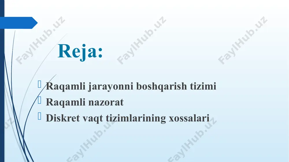 i regulyatorlar asosida har qanday turdagi boshqarish tizimlari, jumladan, ketma-ketlikdagi tizimlar, o'zaro bog'liqliklarga ega bo'lgan ko'p o'lchovli tizimlar, to'g'ridan-to'g'ri bog'langan tizimlar. bugungi kunda raqamli kompyuterlar avtomatlashtirilgan boshqaruv tizimlarining ajralmas qismi bo'lib, keng ko'lamdagi vazifalarni hal qilishga imkon beradi.shuning uchun ob'ektlarni raqamli nazorat qilish uchun quyi darajalarda dasturlashtirilgan algoritmlar shaklida va yuqori darajalarda muammoni yo'naltirilgan hisoblash usullarini amalga oshirish uchun dastur shaklida ishlatilishi mumkin bo'lgan ko'plab yangi usullar ishlab chiqilishi mumkin. raqamli dastur bilan boshqariladigan dastgohlarda detallar raqamlar yordamida yozilgan dasturlar asosida ishlov beriladi. bunday dastgohlarni xozirda exm bilan ham boshqarilmoqda bu esa o‘z navbatida, dastgoxlarni exm bilan nafaqat boshqarish, balki bu dastgoxlar uchun dasturlarni ham exmda tuzish imkoniyati yaratilmoqda.raqamli dastur bilan boshqariladigan dastgohlar qo‘llanishi,avtomatlashtirishda yangi bosqichni boshlanishiga sabab bo‘ladi. raqamli nazorat birinchi raqamli masofadan boshqarish pulti 1940-1950 -yillarda muhandis jon t. parsons tomonidan ishlab chiqarilgan bo'lib, u dvigatellari o'zgartirilgan mavjud mashinalarga asoslangan bo'lib, ularning soni punch kartali mikroskopda berilgan ko'rsatmalar …