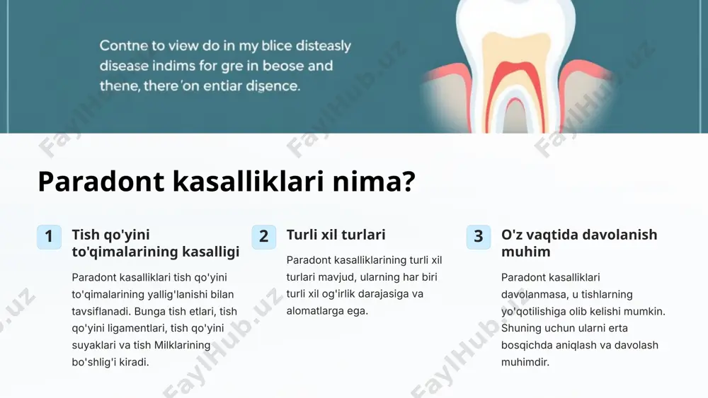 ari boshlanib, rivojlanib boradigan paradontoz bu turdagi paradontoz yoshligida boshlanadi va tez rivojlanadi. ilgari boshlanib, to'xtab qolgan paradontoz bu turdagi paradontoz yoshligida boshlanadi va bir muddat to'xtab qolishi mumkin. 9 dastlabki paradontoz yengil shakl bu bosqichda tish milklarining yallig'lanishi minimal darajada bo'ladi va odamlar ko'pincha hech qanday alomatlarni sezmaydi. tish milklarining qonash tishlarni cho'tkasi bilan tozalash paytida tish etlari qonay boshlaydi, lekin qonash tez to'xtaydi. tish etlari shishishi tish etlari biroz shishib ketishi mumkin, ammo bu shishish ko'pincha sezilarli emas. 10 ilgari boshlanib, rivojlanib boradigan paradontoz 1 genetik moyillik ba'zi odamlar paradontozga moyil bo'lishadi 2 immunitet zaifligi immunitet tizimi bakteriyalar bilan kurashishda qiyinchiliklarga duch keladi 3 chekish chekish qon aylanishini buzadi va to'qimalarni shikastlaydi 4 noto'g'ri ovqatlanish vitaminlar va minerallar etishmovchiligi paradontozni kuchaytiradi 11 ilgari boshlanib, to'xtab qolgan paradontoz tish go'shti qonash tish go'shti qonashi, bu holatda, odatda ozgina bo'ladi va faqatgina tishlarni tozalash paytida paydo bo'ladi. tish go'shti qizarishi …