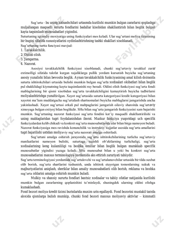 i). sug’urta - ishlab chiqarish munosabatlarining zaruriy elementidir. u ijtimoiy ishlab chiqarish jarayonidagi moddiy zararlarni qoplash bilan boglikdir. normal takror ishlab chiqarish jarayonining muxim sharti uning uzliksizligi va tuxtovsizligi xisoblanadi. ishlab chiqarishning doimiy yangilanib borishi insonlarning barcha ijtimoiy-iqtisodiy formaciyalarda, tu jumladan rivojlangan jamiyatda xam mavjud extiyojlarini kondirish uchun zarurdir. agarda ijtimoiy ishlab chiqarish jarayoni tabiiy ofatlar yoki boshka favkulodda xodisalarning (yonginlar, portlashlar, epidemiyalar va b.) salbiy okibatlari ta’sirida tuxtasa yoki buzulsa, u xolda jamiyat avvalo turli oldini olish tadbirlarini amalga oshirishga, mabodo ular kuzlangan natijani bermasa, u xolda yetkazilgan moddiy zararni qoplashga, ishchi kuchini takror ishlab chiqarishning normal sharoitlarini kayta tiklashga majbur buladi. inson va tabiiy ofatlar urtasidagi karama-karshilik bilan - asospangan ijtimoiy ishlab chiqarishning tavakkalchilik xarakteri, biri nchi navbatda, tabiiy va bashka ofatlarning salbiy okibatlarini oldini olish, bartaraf kilish va lokalizaciya kilish, xamda yetkazilgan zararni suzsiz qoplash buyicha insonlar urtasidagi munosabatlarni yuzaga keltiradi. bu - ob’ektiv munosabatlar insonlarning erishgan …