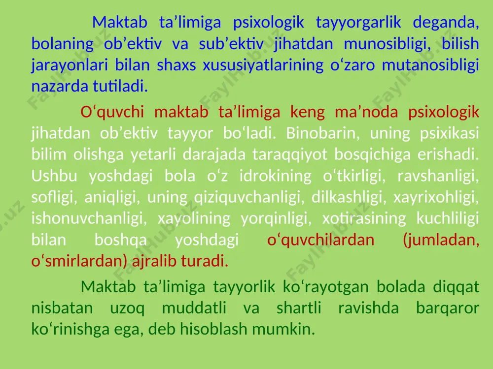 in, p.ya.galperin, n.a.menchinskaya, v.v.davidov, a.sh.amonashivili, s.f.juykov va boshqalar) tadqiqotlarining ko‘rsatishicha, oqilona tashkil qilingan ta’lim jarayoni mazkur yoshdagi bolalar tafakkurini jadal sur’atlar bilan rivojlantiradi, aqliy imkoniyatlarini ertaroq ishga tushishga, ro‘yobga chiqishga yordam beradi. chunonchi, bolalar matematik, fizik, lingvistik, politexnik tushunchalarini o‘zlashtiradilar, mustaqil ravishda uncha murakkab bo‘lmagan masalalar, misollar tuzadilar, oddiyroq mashqlarni bajara oladilar, ijodiy va mahsuldor fikr yuritishga intiladilar. yuqorida yuritilgan mulohazalarga asoslangan holda shunday xulosaga kelish mumkinki, bolalarning psixologik tayyorgarlik darajasi ta’limni muvaffaqqiyatli uddalash, amalga oshirish uchun mutlaqo kafolot bera oladi. bu o‘rinda uning shaxsiy xususiyatlari shakllanganligi yuzasidan ham ma’lumot berish maqsadga muvofiqdir. bolada shaxsning bir qator faziiatlari va xususiyatlari yaqqol ko‘zga tashlanadi: qat’iylik, nisbiy mustaqillik, o‘z oldiga maqsad qo‘ya olishlik, xulq-atvorni ijtimoiy jamoatchilik nuqtai-nazardan baholashga intilishlik, ahd-paymonga sodiqlik, kattalarni hurmat qilishlik, va’daga vafo qilishlik, burch va javobgarlik hislari kabilar. shuning bilan birga maktab ta’limiga tayyorgarlik ko‘rayotgan bola o‘z his-tuyg‘usi va ichki kechinmalarini boshqarish uquviga egadir, hatto u o‘z-o‘ziga, o‘z …