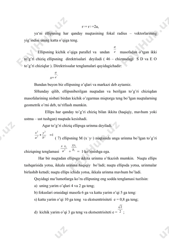 uchburchakning qolgan ikkita uchining koordinatalari topilsin. 392. ellipsda shunday nuqta topilsinki, uning o’ng fokusidan masofasi chap fokusidan bo’lgan masofasiga nisbatan to’rt marta katta bo’lsin. 394. fokuslaridan birining koordinatalari (+ 3; 0) bo’lgan ellipsda m( + 4; + 2,4) nuqta olingan. ellipsning markazini koordinatalar boshi deb qabul qilib, m nuqtadan mos direktrisagacha bo’lgan masofa topilsin. 395. 1 ellipsning 2х – у- 9 = 0 to’g’ri chiziq bilan kesishish nuqtalari topilsin. 398. ellipsga ichki to’g’ri to’rtburchak chizilgan, uning ikkita qarama –qarshi tomoni fokuslardan o’tadi. shu to’g’ri to’rt burchakning yuzi hisoblansin. 400. ellips berilgan. uning ( + 1; +1 ) nuqtasidan o’tuvchi va shu, nuqtada teng ikkiga bo’linuvchi vatar o’tkazilsin. 402. а (- 6; + 3) nuqtadan ellipsga o’tkazilgan urinmalarning tenglamalari tuzilsin. 404. ellipsga shunday urinmalar o’tkazilsinki, ular 13х +12у – 115 =0 to’g’ri chiziqqa perpendikulyar bo’lsin. 405. 4х – 5у – 40 = 0 to’g’ri chiziqning ellipsga urinishi ma‘lum. ularning urinish nuqtasi …