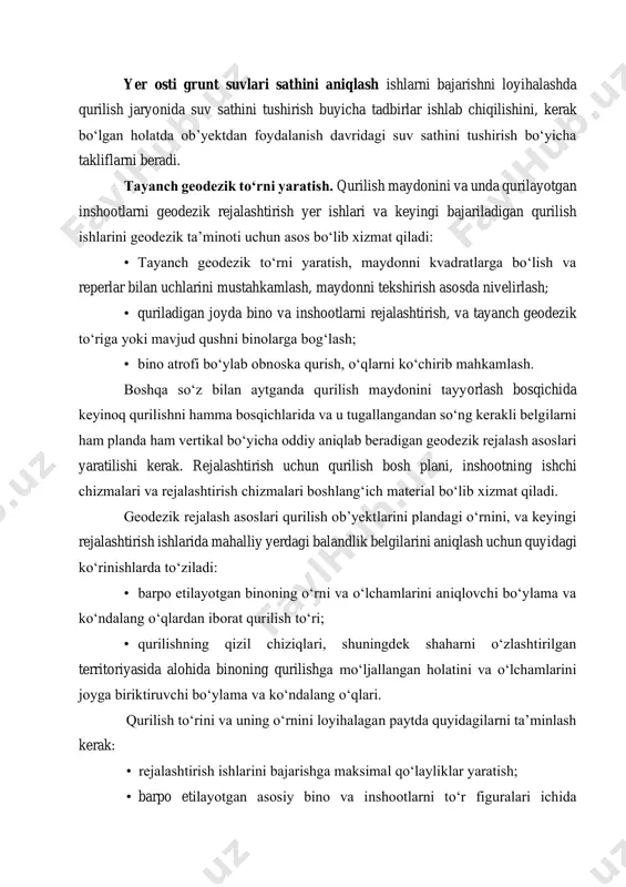 ish maydonini va unda qurilayotgan inshootlarni geodezik rejalashtirish yer ishlari va keyingi bajariladigan qurilish ishlarini geodezik ta’minoti uchun asos bo‘lib xizmat qiladi: • tayanch geodezik to‘rni yaratish, maydonni kvadratlarga bo‘lish va reperlar bilan uchlarini mustahkamlash, maydonni tekshirish asosda nivelirlash; • quriladigan joyda bino va inshootlarni rejalashtirish, va tayanch geodezik to‘riga yoki mavjud qushni binolarga bog‘lash; • bino atrofi bo‘ylab obnoska qurish, o‘qlarni ko‘chirib mahkamlash. boshqa so‘z bilan aytganda qurilish maydonini tayyorlash bosqichida keyinoq qurilishni hamma bosqichlarida va u tugallangandan so‘ng kerakli belgilarni ham planda ham vertikal bo‘yicha oddiy aniqlab beradigan geodezik rejalash asoslari yaratilishi kerak. rejalashtirish uchun qurilish bosh plani, inshootning ishchi chizmalari va rejalashtirish chizmalari boshlang‘ich material bo‘lib xizmat qiladi. geodezik rejalash asoslari qurilish ob’yektlarini plandagi o‘rnini, va keyingi rejalashtirish ishlarida mahalliy yerdagi balandlik belgilarini aniqlash uchun quyidagi ko‘rinishlarda to‘ziladi: • barpo etilayotgan binoning o‘rni va o‘lchamlarini aniqlovchi bo‘ylama va ko‘ndalang o‘qlardan iborat qurilish to‘ri; • qurilishning qizil chiziqlari, …