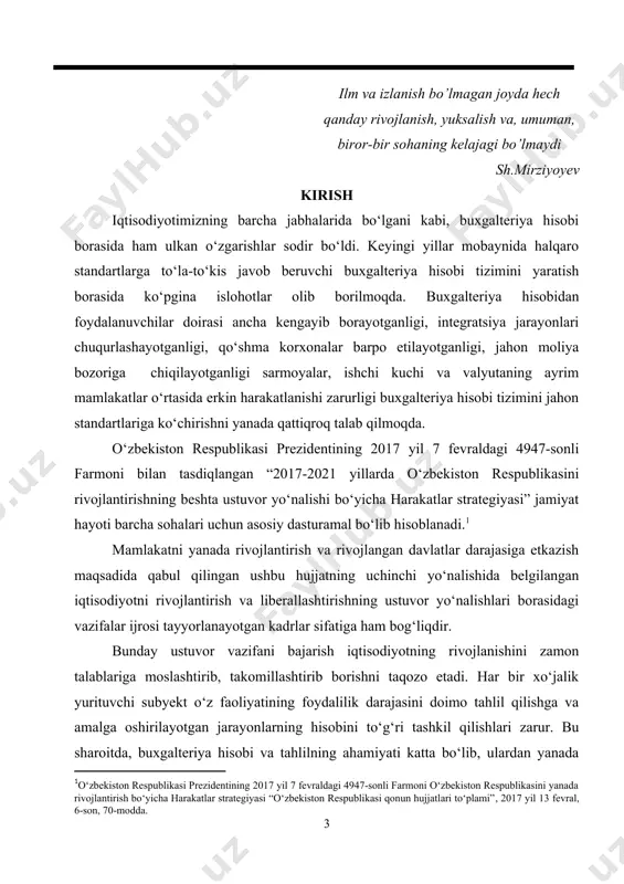 tlariga ko‘ra buxgalteriya hisobi fanining asosi ham har xil talqin qilinadi. masalan, italyan maktabi vakillari buxgalteriya hisobi fanining asosini algebra va huquq, fransuz maktabi vakillari siyosiy iqtisod, nemis maktabi vakillari matematika, angliya-amerika maktabi vakillari psixologiya deb qaraydilar. shu sababli buxgalteriya hisobi fanining vazifasi, predmeti, obyekti, usul va uslubiyoti, tamoyillari hamda tarkibiy tuzilishi borasidagi ularning qarashlari turlichadir. o‘zbekistonda amalga oshirilayotgan bu boradagi ulkan islohotlar kelajakda professional buxgalter, auditor va boshqa iqtisodiy kasblarni egallashga intilayotgan, qiziquvchan, fidoiy, pragmatik hamda zukko talabalar uchun zamonaviy talablarga javob bera oladigan darslik yaratish lozim. ushbu darslik oliy ta’limning iqtisodiyot yo‘nalishidagi bakalavriat, magistratura talabalari, tegishli ixtisoslik kollejlari o‘quvchilari hamda shu sohaga qiziquvchilar uchun mo‘ljallangan. 1-bob. “moliyaviy hisob va hisobot” faniga kirish 1.1. iqtisodiyotni modernizatsiyalash sharoitida buxgalteriya hisobining zaruriyati va tutgan o‘rni o‘zbekiston respublikasi mustaqillikka erishganligi munosabati bilan qisqa davr ichida respublikamiz iqtisodini yuksaltirish uchun bir qator iqtisodiy islohotlarni amalga oshirish, bozor iqtisodiyotiga asoslangan huquqiy demokratik davlat qurish …