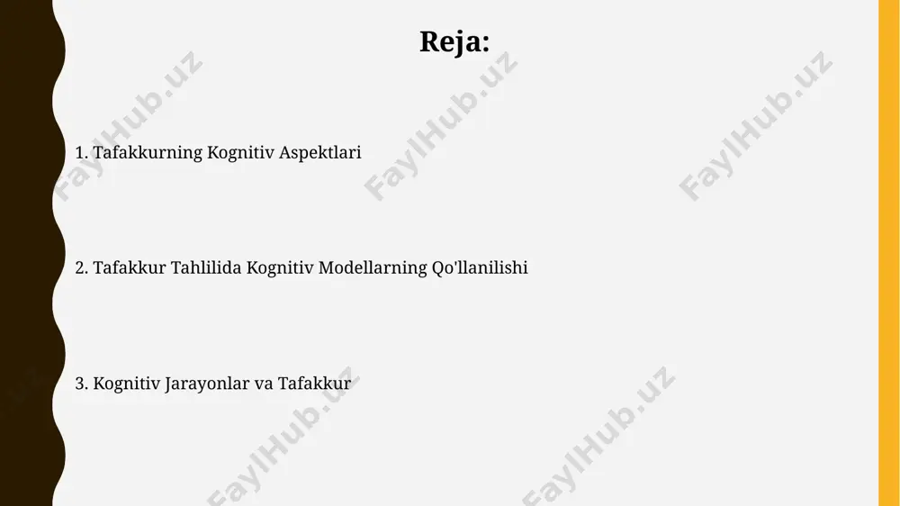 йилги тадқиқотларда аниқланган. бу босқичлар маълумотларни қабул қилиш, таҳлил қилиш ва хулоса чиқаришни ўз ичига олади. idrok va e'tiborning roli markaziy osiyo mintaqasida o'tkazilgan 2023 yilgi eksperimentlar shuni ko'rsatdiki, sezgir idrok va tanqidiy e'tibor tafakkurning mantiqiy va ijodiy jihatlarini rivojlantirishda muhim rol o'ynaydi. idrokning aniqligi tafakkur jarayonining samaradorligiga 20-30% ga ta'sir qiladi, samarqand universiteti tadqiqotlariga ko'ra, bu esa e'tiborning to'g'ri yo'naltirilishi bilan bog'liq. muammo yechish va qaror qabul qilish samarali qaror qabul qilish uchun, taxminan 30% hollarda, intuitsiyadan foydalanish bilan birga, ma’lumotlar tahlili va mantiqiy fikrlashni qo‘llash, masalan, singapurda amalga oshirilgan tadqiqotlar shuni ko‘rsatdi. kognitiv yukni kamaytirish uchun, muammoni 5 ta kichik qismga bo‘lish va har bir qismni alohida hal qilish, masalan, toshkentdagi mutaxassislarning tajribasiga ko‘ra, muammo yechish vaqtini 45% ga qisqartiradi. til va tafakkur til va tafakkur oʻrtasidagi bogʻliqlikni 19-asr oxiri, 20-asr boshlarida vygotskiy kabi olimlar 3 ta asosiy bosqichga boʻlib oʻrganganlar, bu esa tafakkur rivojlanishini tilning rolini koʻrsatadi. …