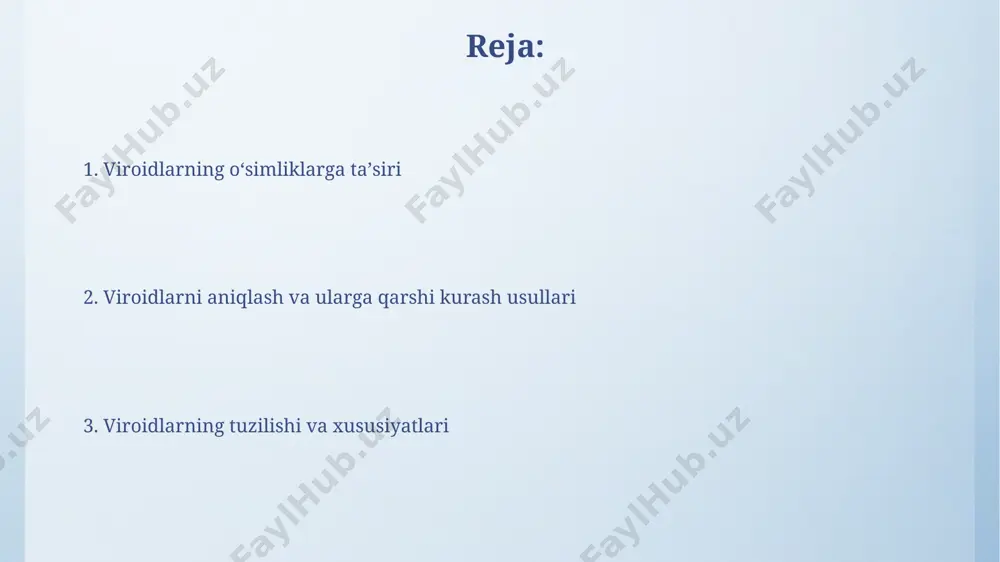 at. viroidlarning kashf etilishi, 1971-yilda kartoshka o'simliklarida aniqlangan pstvd bilan bog'liq bo'lib, bu o'simlik patologiyasi sohasida inqilobiy kashfiyot bo'ldi va molekulyar biologiyaga yangi nuqtai nazar berdi. viroidlarning ahamiyati viroidlardan kelib chiqadigan kasalliklar o'simliklarning hosildorligiga sezilarli ta'sir ko'rsatib, yillik iqtisodiy zararni 6 milliard dollardan oshiradi va jahon oziq-ovqat xavfsizligiga tahdid soladi. viroidlardan 100 dan ortiq o'simlik turlari, jumladan, iqtisodiy ahamiyatga ega bo'lgan pomidor va kartoshka ekinlari, dunyoning turli mintaqalarida, masalan, kaliforniya va avstraliyada zarar ko'radi. viroidlarning tuzilishi ba'zi viroidlar, masalan, potato spindle tuber viroid (pstvd), o'z rnk molekulasida o'ziga xos o'zgarishlarni keltirib chiqaradi, bu esa 5-10% gacha bo'lgan nukleotidlarning o'zgarishiga va shu bilan ularning patogenligini o'zgarishiga olib kelishi mumkin. viroidlarda o'ziga xos ikkilamchi tuzilmalar, masalan, soch iplariga o'xshash struktura mavjud bo'lib, bu ularning hujayralarga kirib olish va ko'payish mexanizmlarida muhim rol o'ynaydi, bu jarayonlar asosan 30-40°c harorat oralig'ida sodir bo'ladi. viroidlarning oʻsimliklarga taʼsiri potato spindle tuber viroid (pstvd) kabi baʼzi viroidlarning …