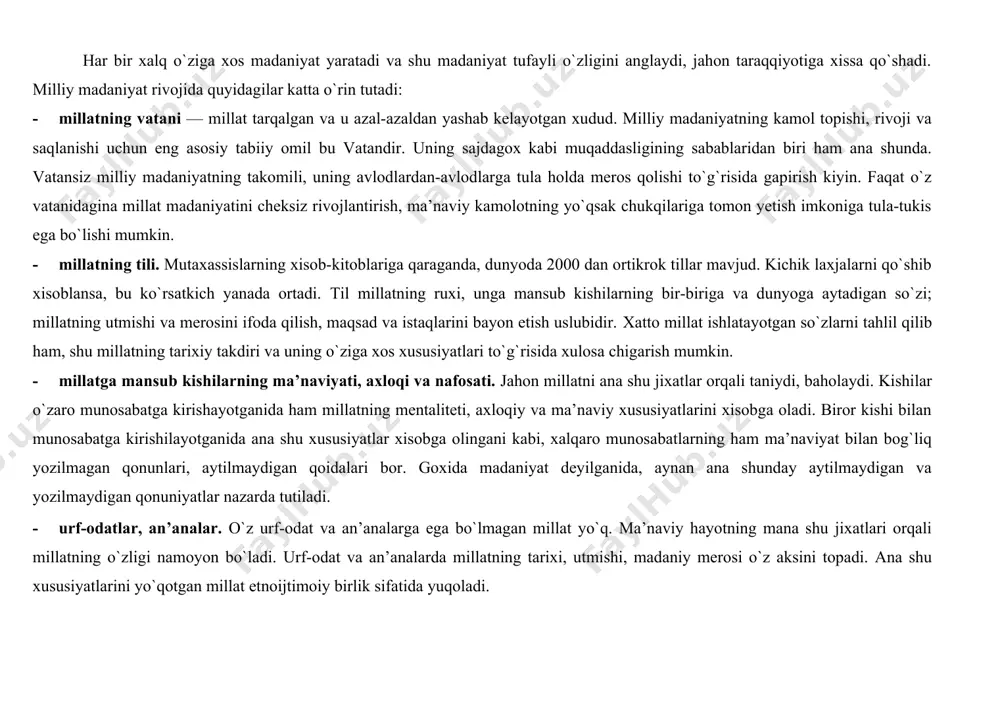 to jahonga, ularning ijtimoiy- iqtisodiy va madaniy taraqqiyotining muayyan bosqichiga nisbatan ham qo`llanildi. «sivilizatsiya» lotincha «sivilius» so`zidan olingan bo`lib, aynan «fukarolikka oid» degan ma’noni anglatadi. mavjud ilmiy adabiyotlarda sivilizatsiyaga turlicha ta’riflar berilyapti: sivilizatsiya-madaniy-texnik taraqqiyotning yuqori bosqichi (bunda yozuvning kashf etilishi, texnik kashfiyotlar, sanoat inqilobi sivilizatsiyaning muxim belgisi sifatida talqin etiladi); sivilizatsiya — jamiyatning muayyan namunasi (bunda u formatsiya tushunchasi bilan aynanlashtiriladi); sivilizatsiya — insoniyatning yovvoyilik va vaxshiylikdan keyingi taraqqiyot davri. sivilizatsiya rivojlanishning muayyan bir bosqichida to`rgan xalq va mamlakatning ijtimoiy-iqtisodiy, siyosiy va ma’naviy hayotidagi sifatiy o`ziga xosligidir. ayrim tadqiqotchilar sivilizatsiya asosini madaniyat, xalq, xudud bilan bog`lasalar, boshqalari dinni asos qilib oladilar. aslida esa ularning hammasi ham sivilizatsiyaning taraqqiyotida o`z o`rniga ega. ammo tarix taqozosi bilan muayyan xududda shakllangan sivilizatsiyaga gox tabiiy muxit, goxida ijtimoiy shart-sharoit ko`proqta’sir ko`rsatgan bo`lishi mumkin. masalan, bizning vatanimiz sivilizatsiyasida bu omillarning barchasi o`ziga xos ahamiyat kasb etganini ko`ramiz. shu bilan birga, yurtimizning ijtimoiy-siyosiy, ma’naviy-ma’rifiy va sivilizatsiyalashgan …