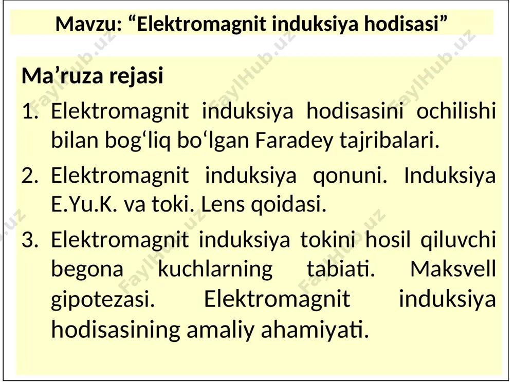 . * 2 - tajriba 2 - tajriba 2 - tajriba elektromagnit induksiya hodisasini ochilishi bilan bog‘liq bo‘lgan faradey tajribalari. * elektromagnit induksiya hodisasini ochilishi bilan bog‘liq bo‘lgan faradey tajribalari. * 3 - tajriba elektromagnit induksiya hodisasini ochilishi bilan bog‘liq bo‘lgan faradey tajribalari. * elektromagnit induksiya hodisasini ochilishi bilan bog‘liq bo‘lgan faradey tajribalari. * 2. elektromagnit induksiya qonuni. induksiya e.yu.k. va toki. lens qoidasi. * 2. elektromagnit induksiya qonuni. induksiya e.yu.k. va toki. lens qoidasi. * 2. elektromagnit induksiya qonuni. induksiya e.yu.k. va toki. lens qoidasi. * atoqli rus fizigi, akademik. u elektrotexnikaning asoschilaridan biridir. elektr tokining issiqlik ta’sirini belgilovchi va induksion tokning yo‘nalishini aniqlovchi («lens qoidasi») qonunlarning kashf etilishi lens nomi bilan bog‘liq. birinchi bo‘lib elektr mashinalari – dvigatel va generatorlarning qaytar tartibda ishlashini isbotlagan. elektr va magnit o‘lchovlarning original uslublarini ishlab chiqgan. emiliy xristianovich lens (1804-1865) 2. elektromagnit induksiya qonuni. induksiya e.yu.k. va toki. lens qoidasi. * 2. …