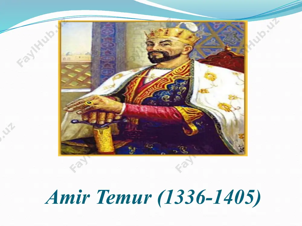 avlodi ismoil ibn tohir nomi saqlanib qolgan. u o‘rta asrlada yirik madaniyat va marifat maskani vazifasini o’tagan. amir temur va temuriylar davrida bunyod etilgan me’moriy obidalar va bog‘lar “go‘ri amir” maqbarasi “shohi zinda” ansambli majmui “ko’k saroy” “bo‘stonsaroy” “bibixonim” masjidi va madrasasi ulug‘bek madrasasi ulug‘bek rasadxonasi hirot va uning atrofida gavharshodbagim madrasasi ixlosiya madrasasi xalosiya xonaqonasi toshkentda: “zangiota” maqbara majmuasi turkistonda: “ahmad yassaviy” maqbara majmuasi bog`lar bog`i naqshi jahon bog`i jahonnamo bog`i davlatobod bog`i baland bog`i shamol bog`i behisht bog`i chinor bog`i dilkusho bog`i zog`on bog`i amirzoda shohruh e’tiboringiz uchun rahmat! image3.jpeg image4.jpeg image5.jpeg image6.png image7.jpeg image8.jpeg image9.png image10.jpeg image11.jpeg image12.png image13.jpeg image2.jpeg /docprops/thumbnail.jpeg